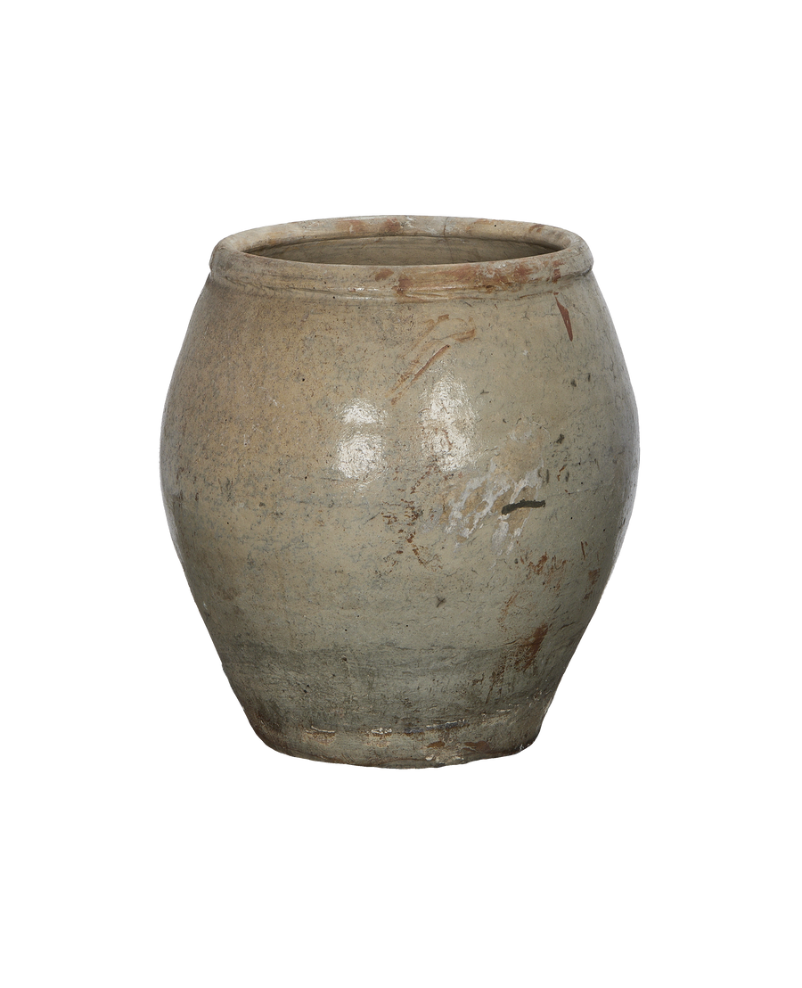 Vintage Chinese OAK plum planter, close up showing the coarse textured, weathered ceramic surface with light wear.