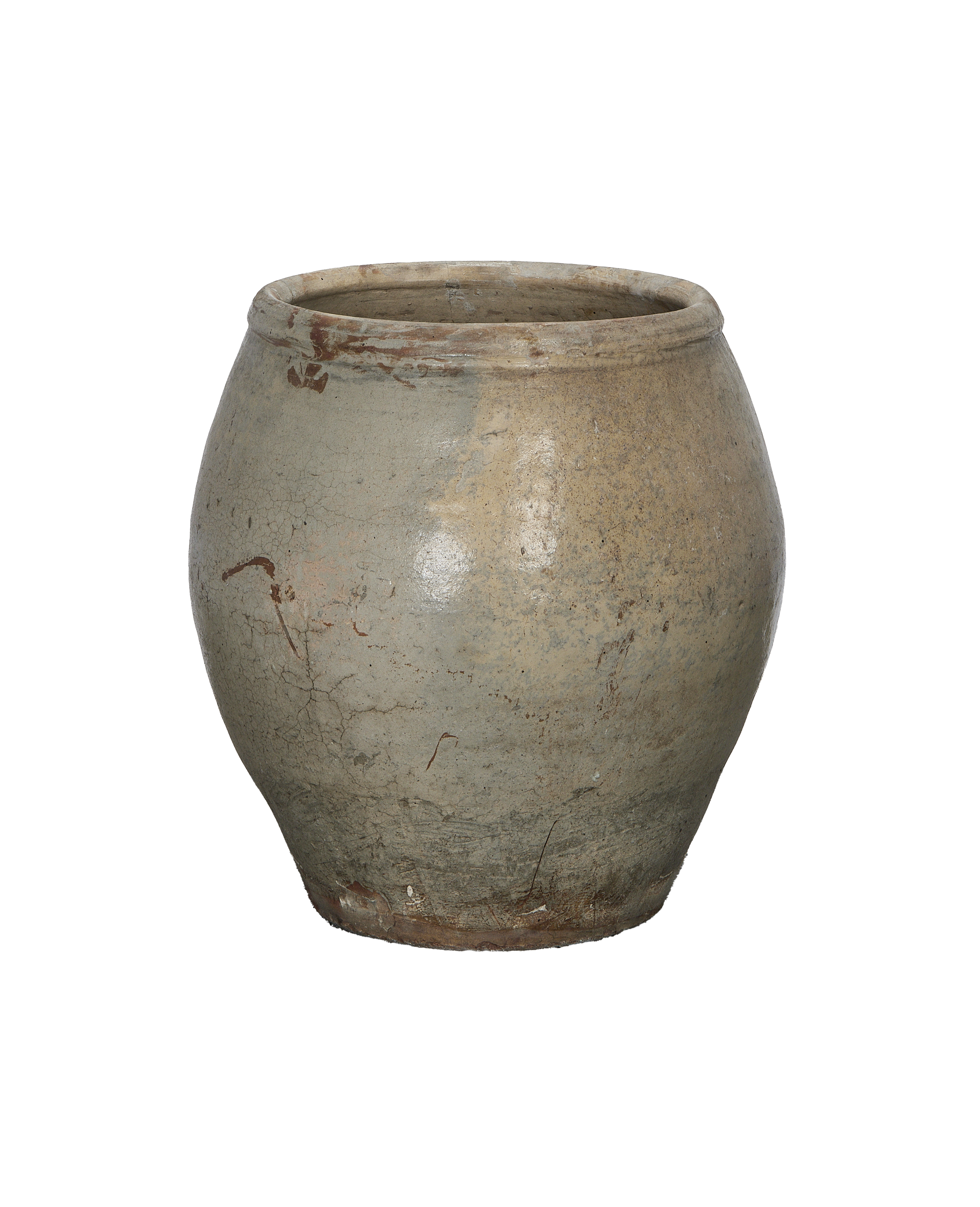 Vintage Chinese plum planter, gray ceramic with weathered, distressed surface, full front view.