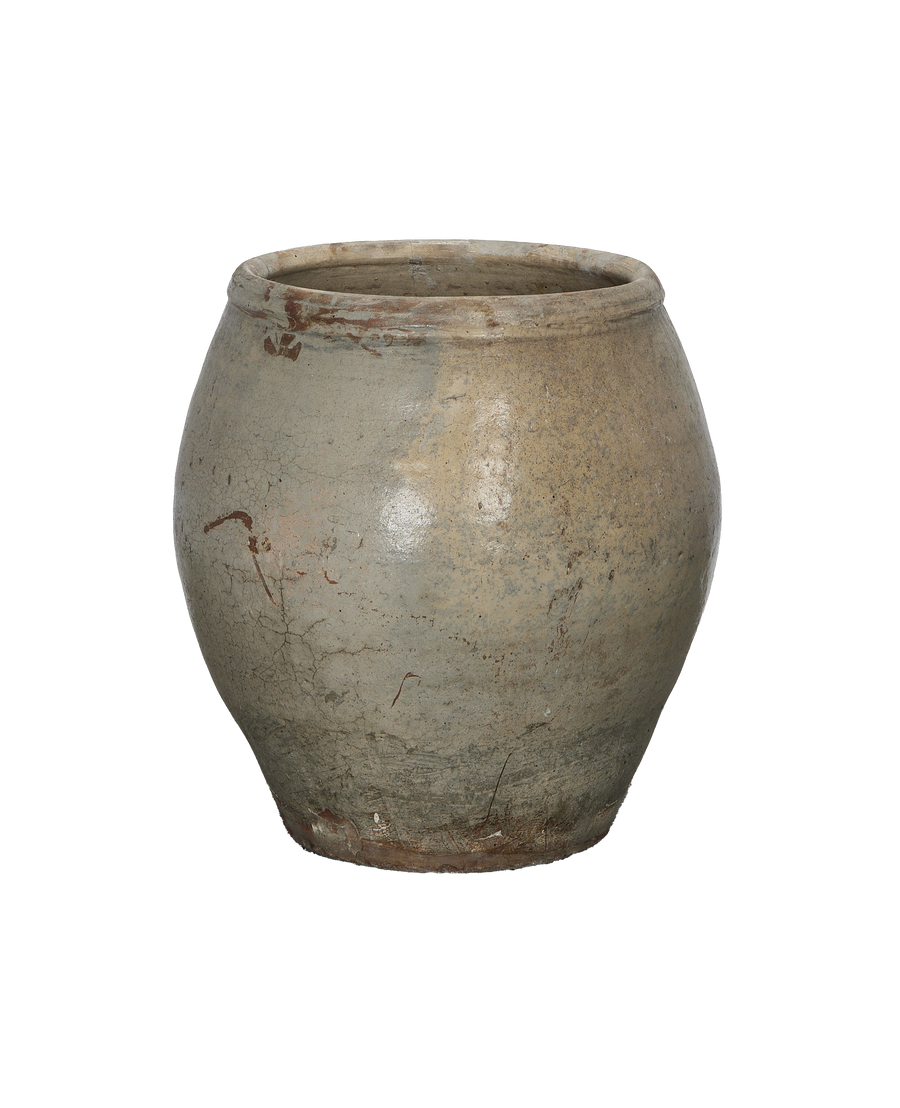 Vintage Chinese plum planter, gray ceramic with weathered, distressed surface, full front view.