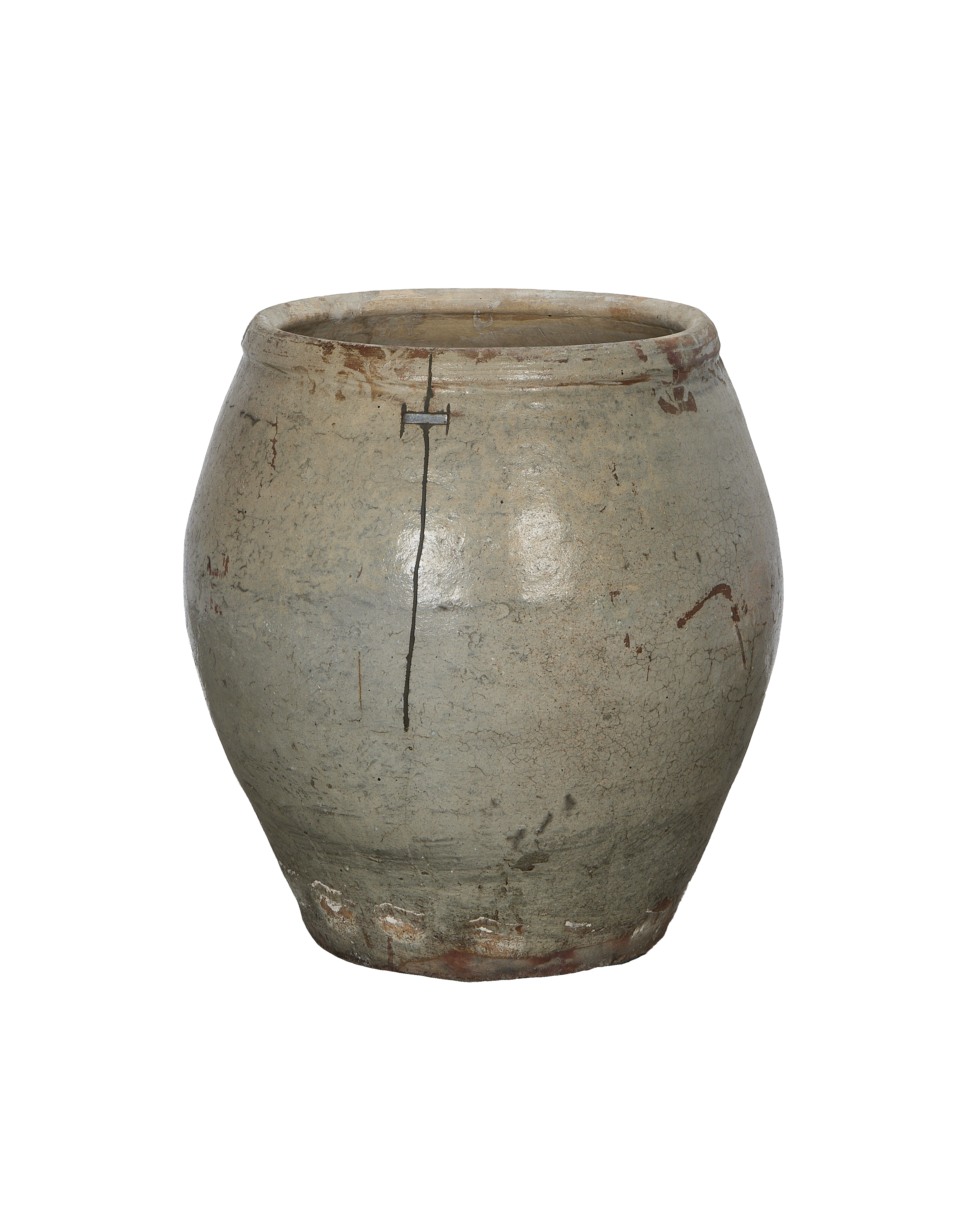 Vintage Chinese Plum Planter, side view showcasing repaired crack detail, natural weathered oak.