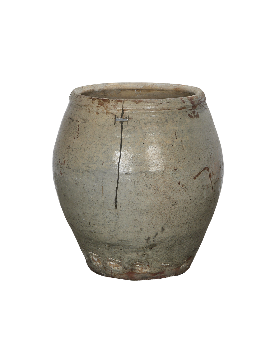 Vintage Chinese Plum Planter, side view showcasing repaired crack detail, natural weathered oak.