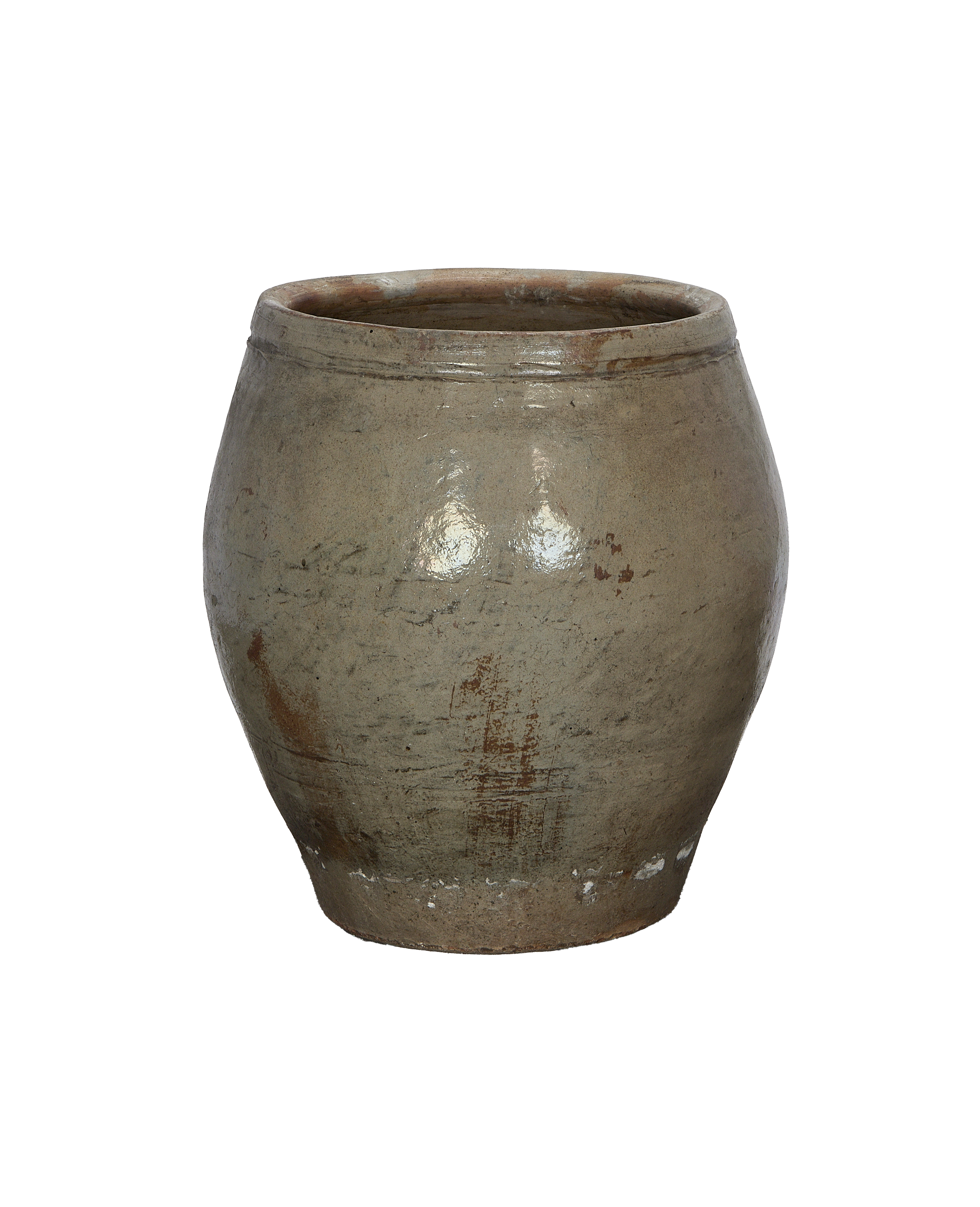Vintage Chinese ceramic plum planter, distressed gray-green patina with aged texture and rim.