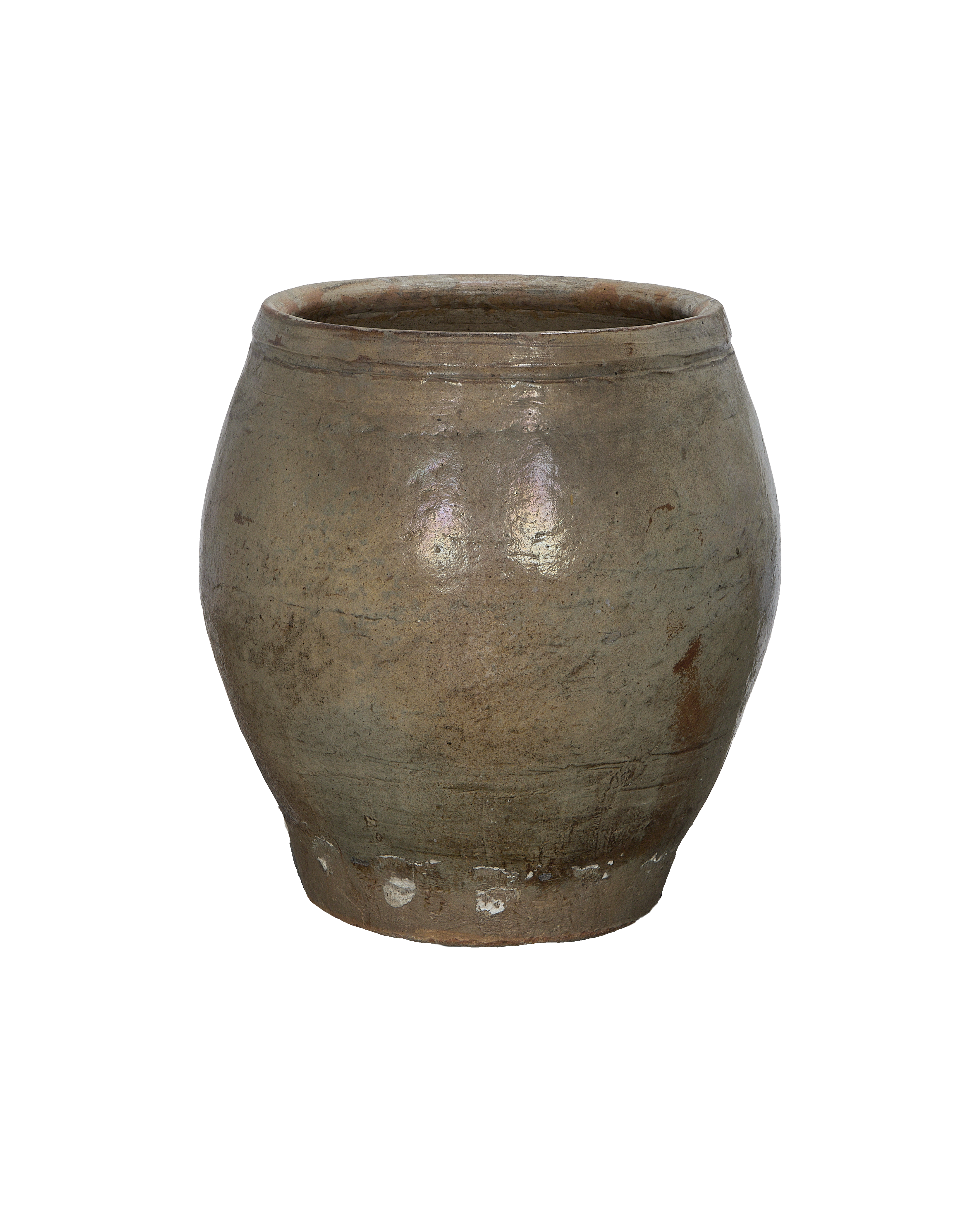 Vintage Chinese gray ceramic plum planter, showing textured glaze and worn rim.