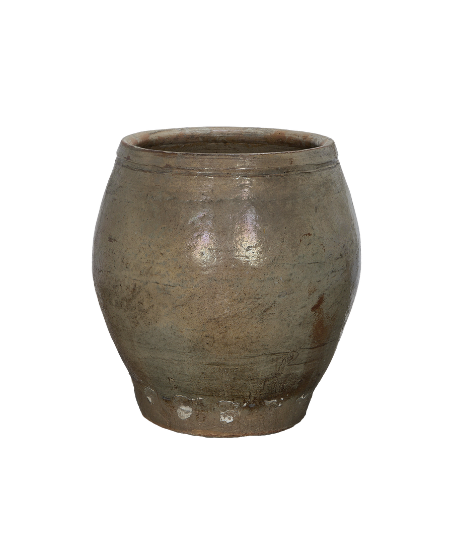 Vintage Chinese gray ceramic plum planter, showing textured glaze and worn rim.