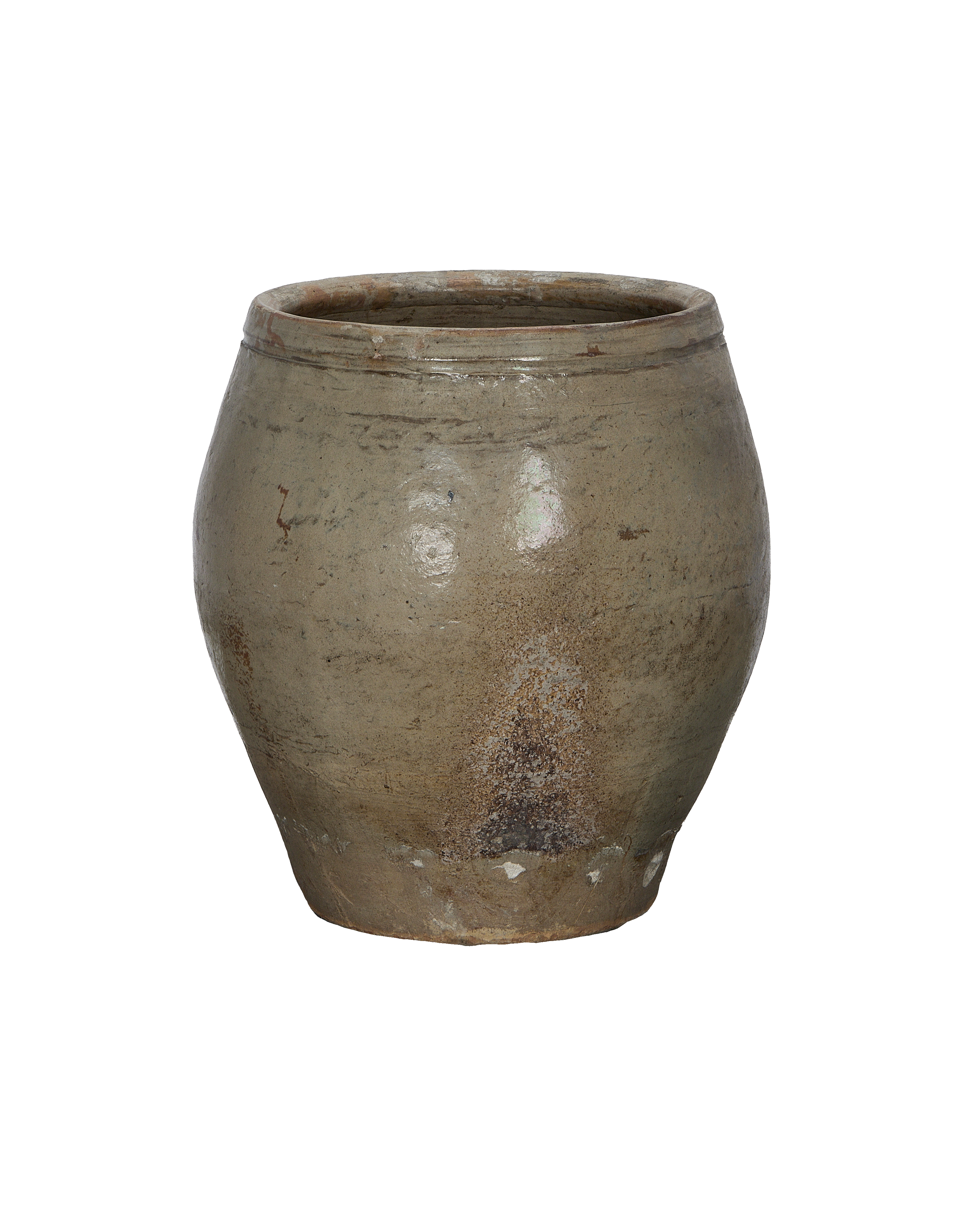 Vintage Chinese ceramic plum planter, distressed OAK finish, showcasing aged surface texture and rim detail.