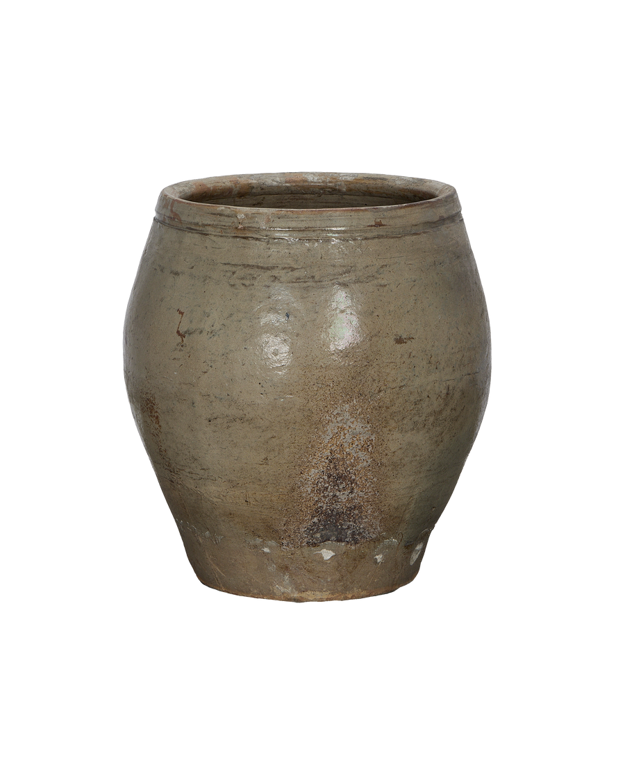 Vintage Chinese ceramic plum planter, distressed OAK finish, showcasing aged surface texture and rim detail.