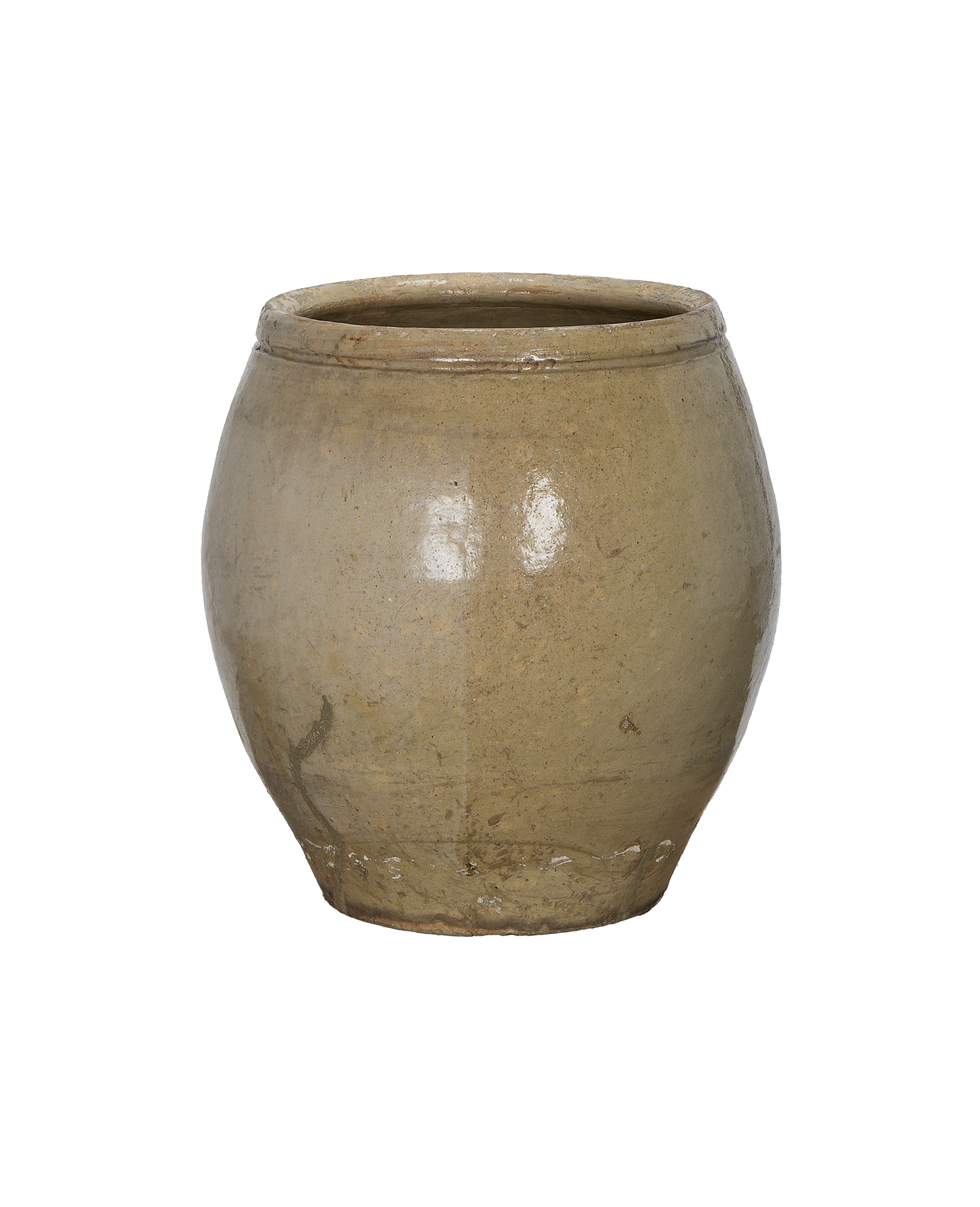 Vintage Chinese stoneware plum planter in oak finish, with rustic, aged patina.
