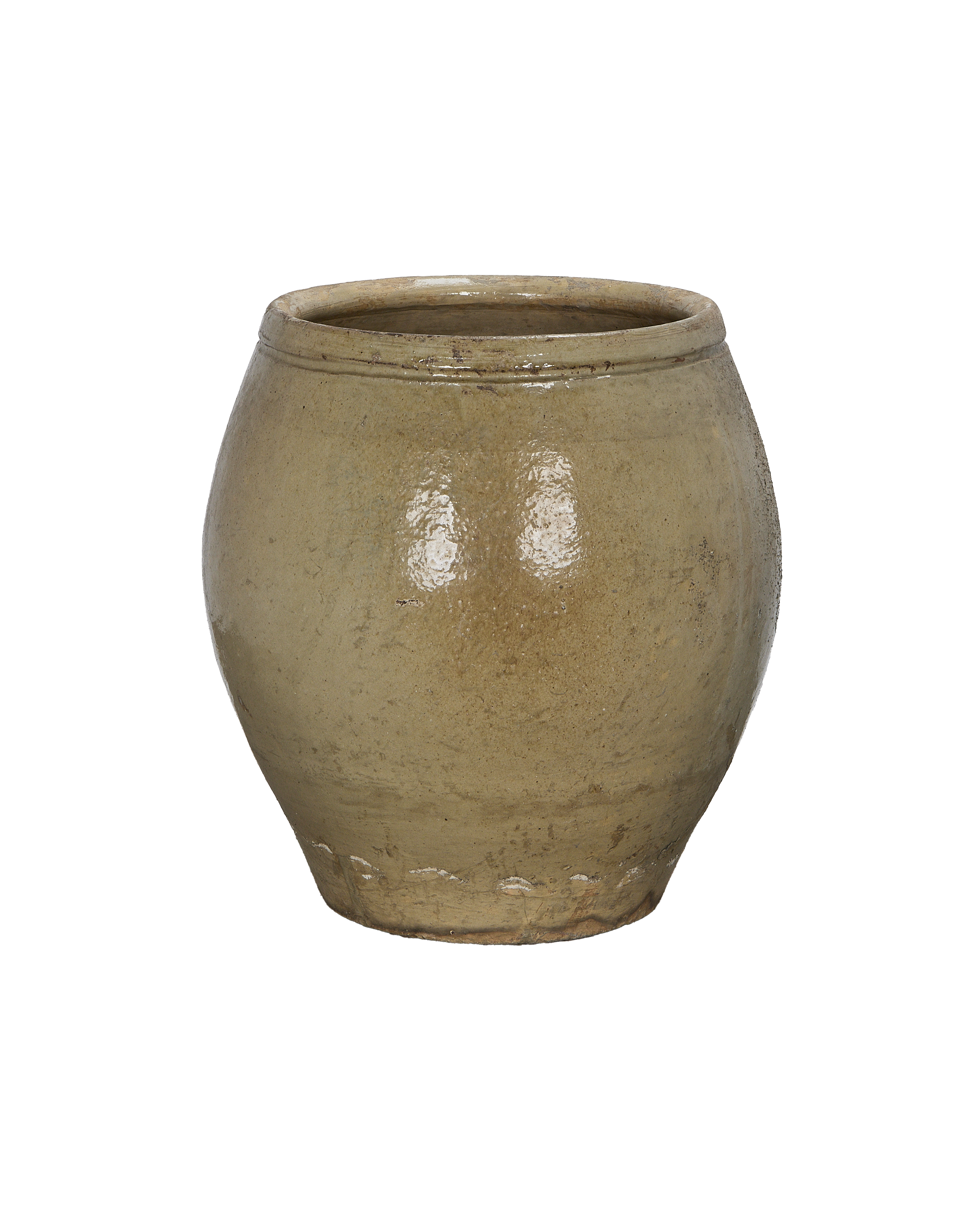 Vintage Chinese plum planter, oak-colored pottery with rough texture and glazed rim.