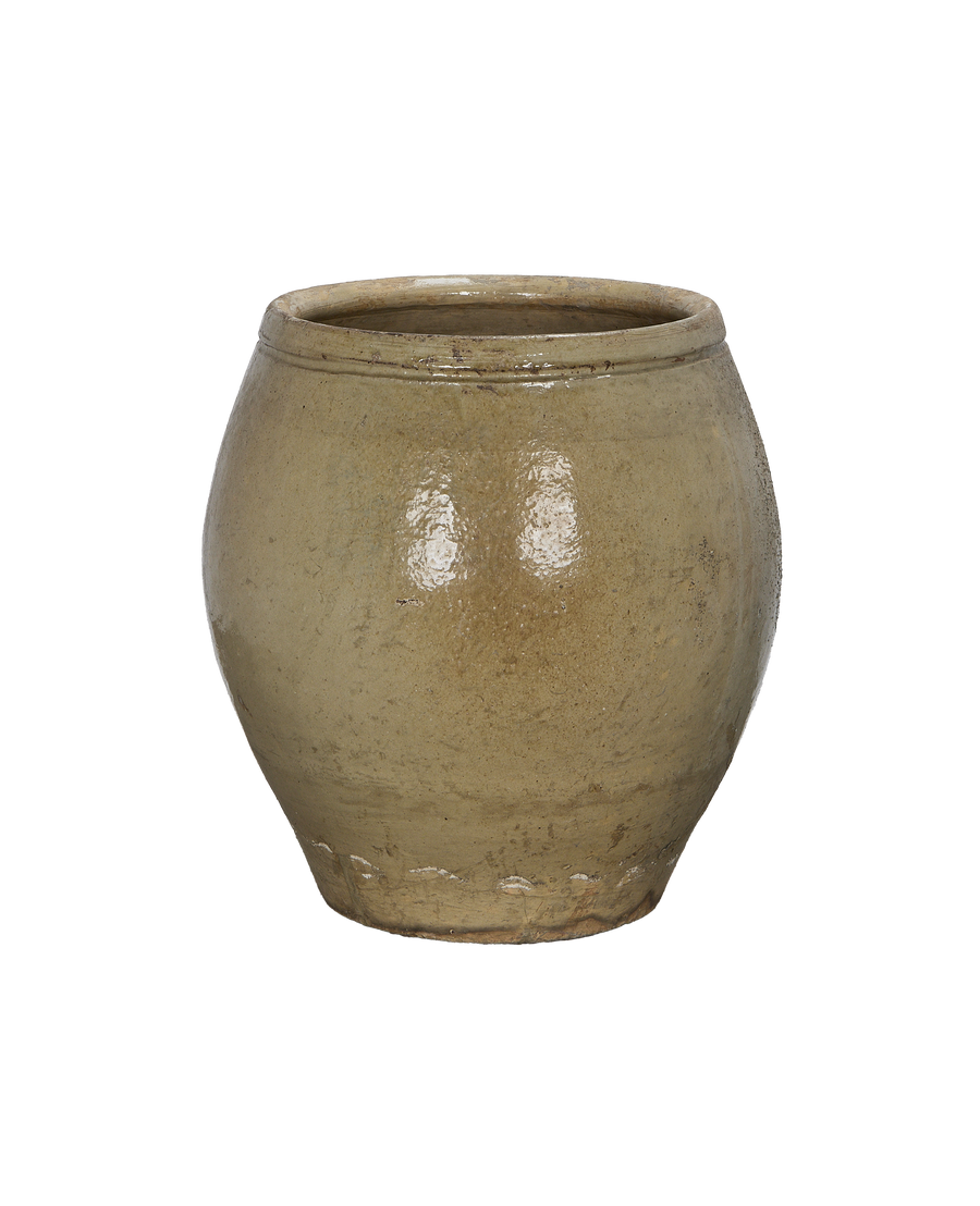 Vintage Chinese plum planter, oak-colored pottery with rough texture and glazed rim.