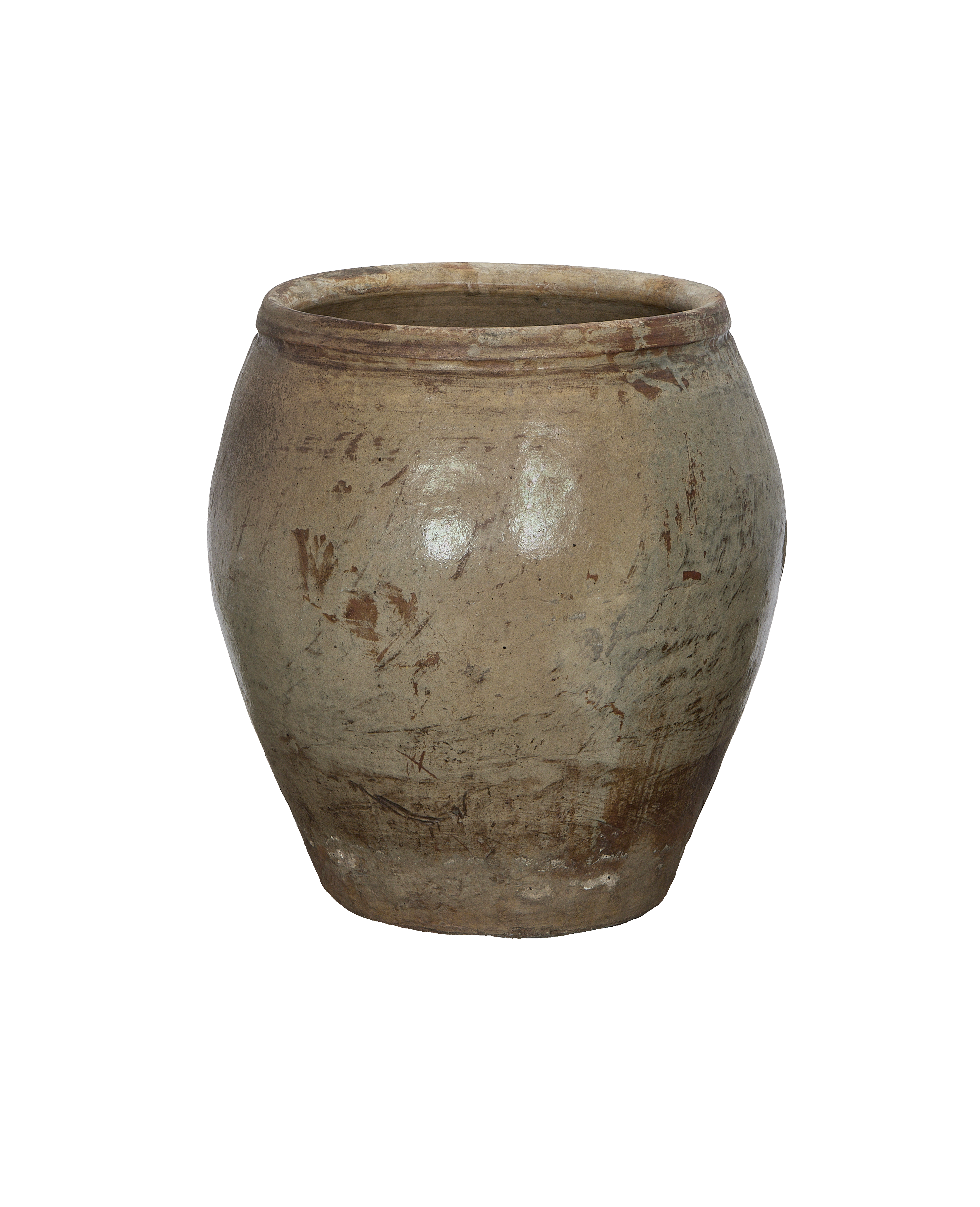 Vintage Chinese Plum Planter, aged oak pottery, showing distressed texture and natural patina.