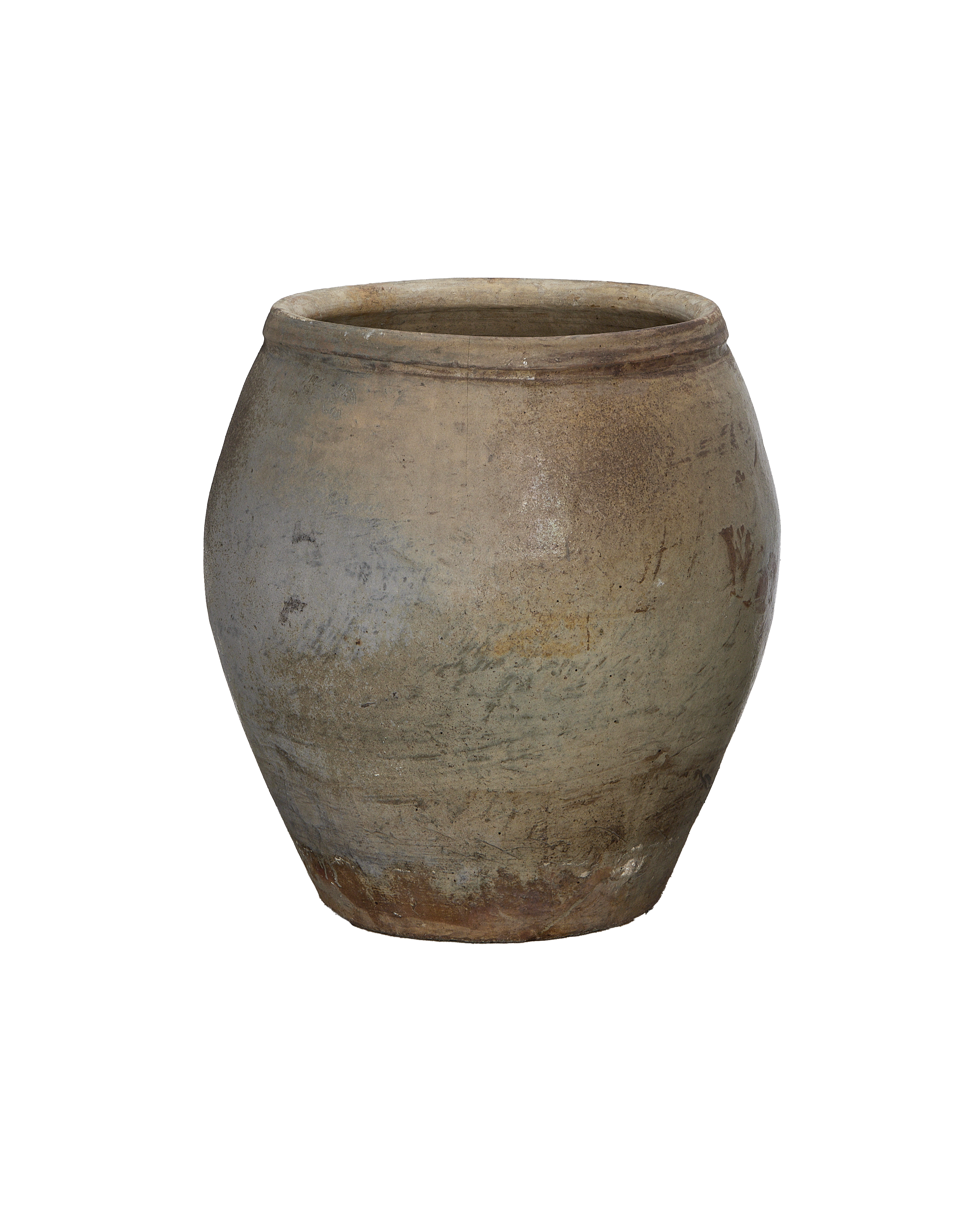 Vintage Chinese ceramic plum planter, gray-brown patina, showing aged crackle and wear.