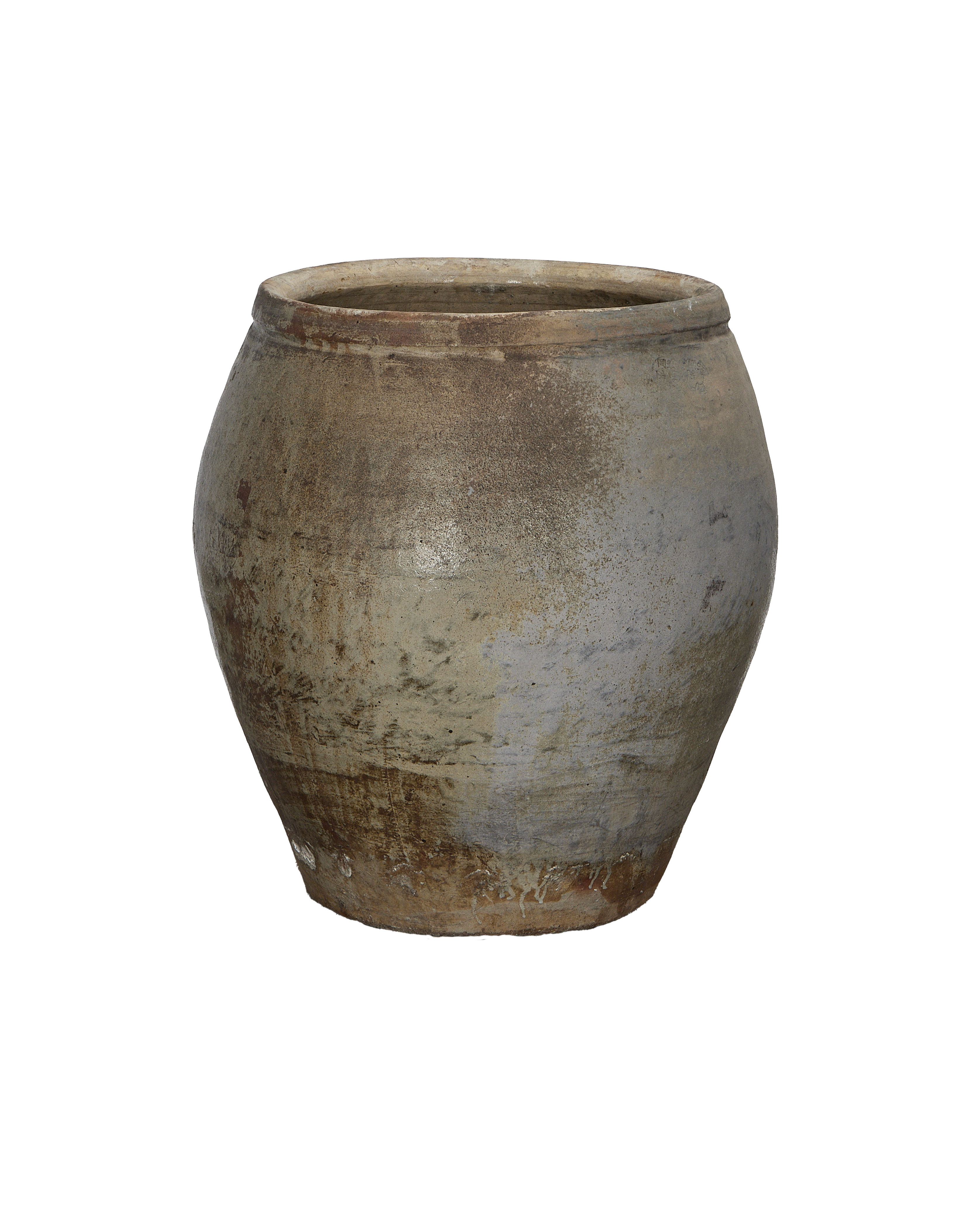 Vintage Chinese plum planter, weathered oak-like patina, showing texture and rim detail.