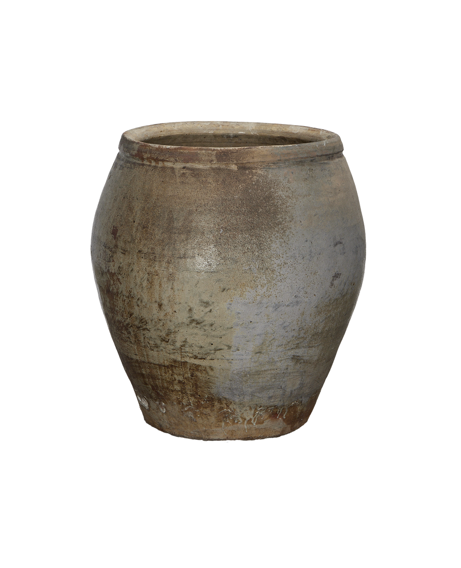 Vintage Chinese plum planter, weathered oak-like patina, showing texture and rim detail.