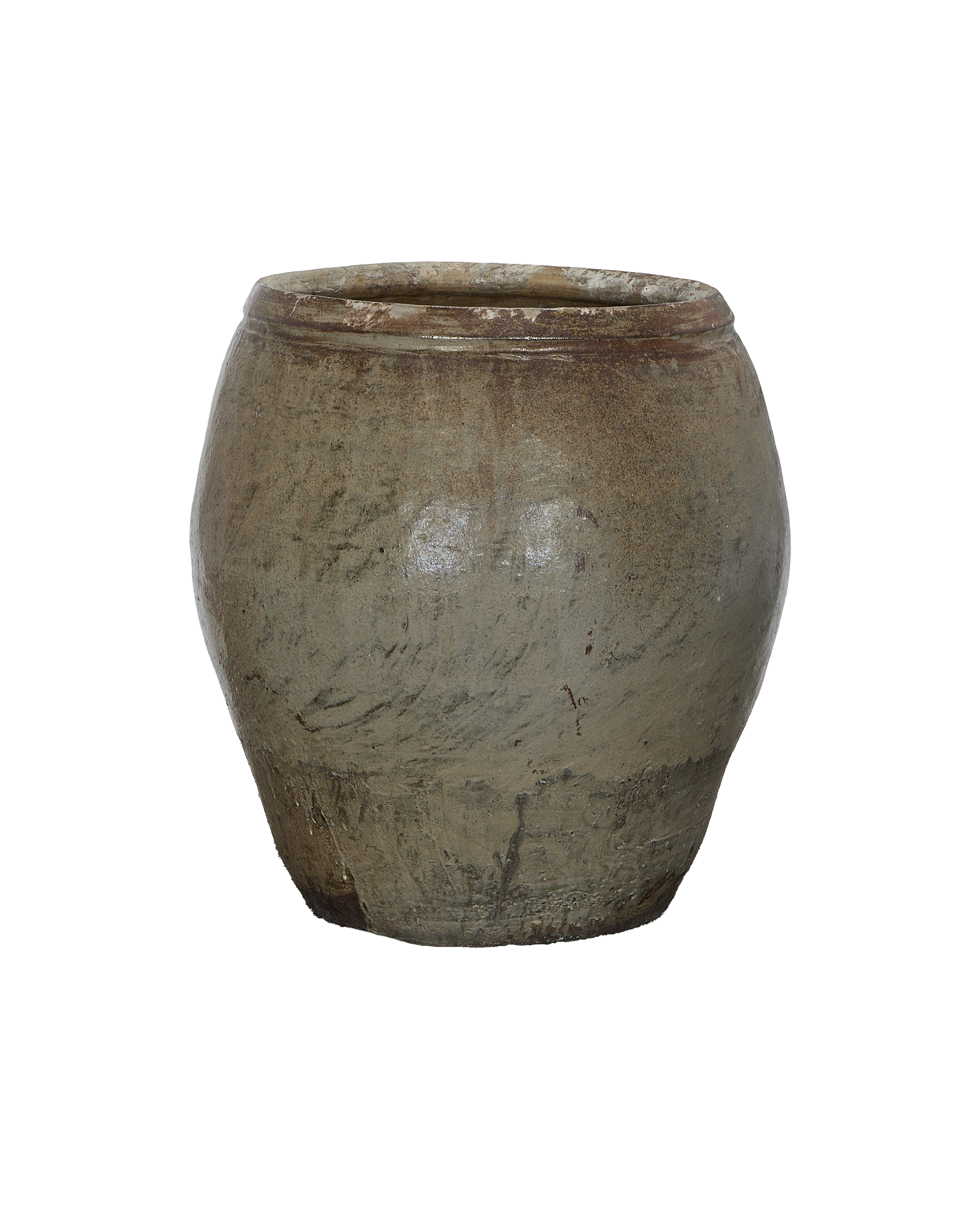 Vintage Chinese ceramic plum planter, distressed greyish-brown glaze with textured patina.