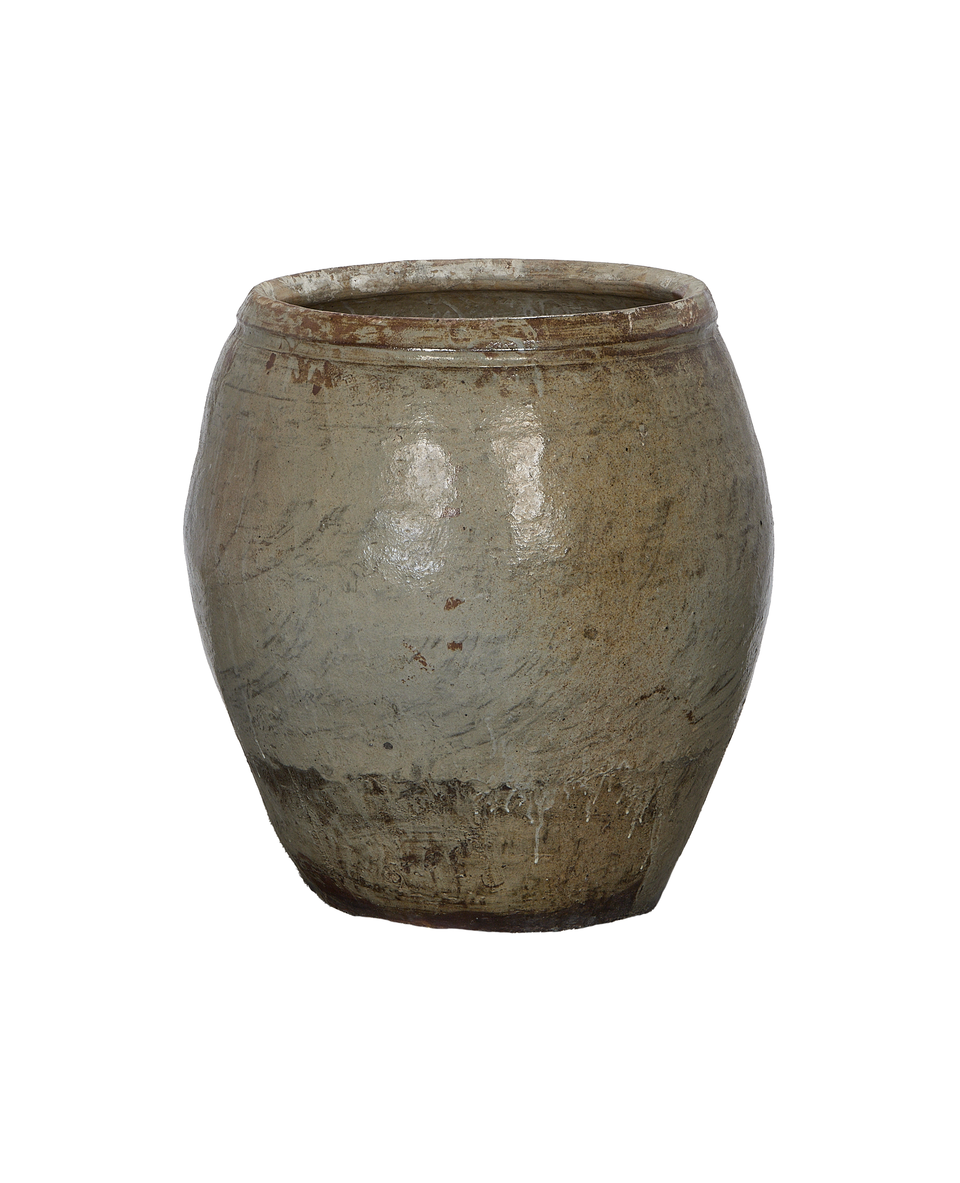 Vintage Chinese ceramic plum planter, side view showing weathered oak-like glaze.