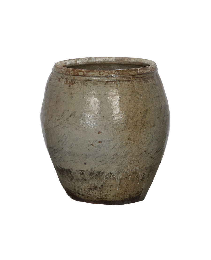 Vintage Chinese ceramic plum planter, side view showing weathered oak-like glaze.