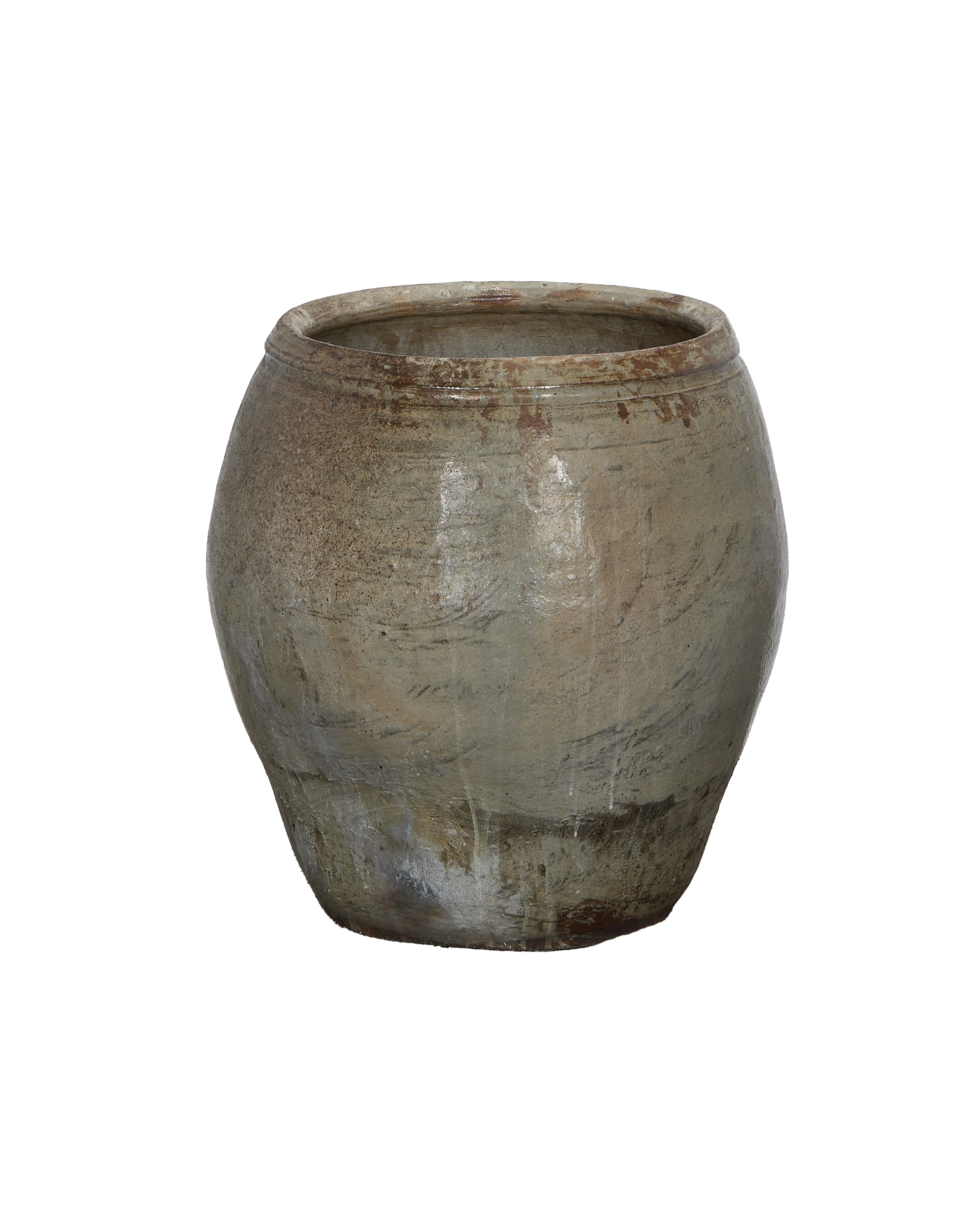 Vintage Chinese plum planter, oak, showing mottled texture and weathered surface with rough rim.