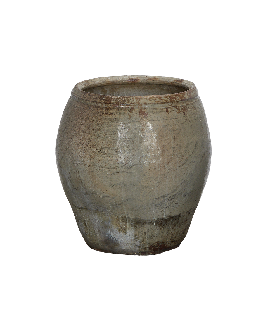 Vintage Chinese plum planter, oak, showing mottled texture and weathered surface with rough rim.