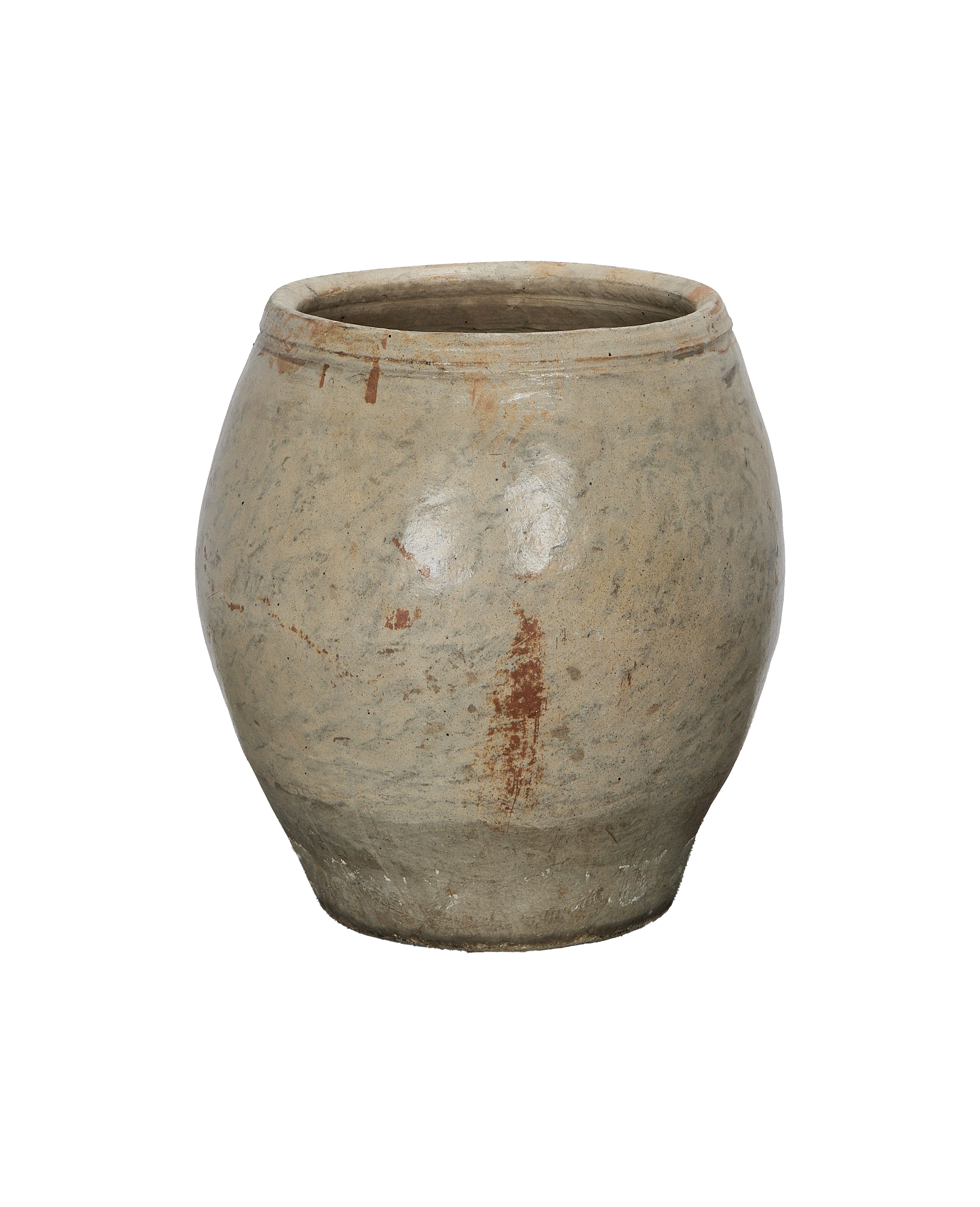 Vintage Chinese plum planter, worn gray oak-brown pottery with distressed, weathered texture.