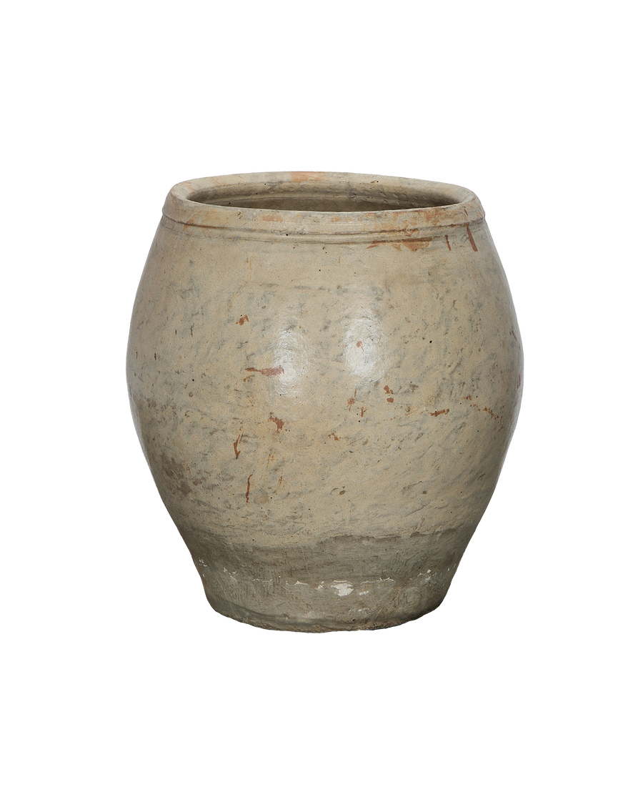 Vintage Chinese plum planter, light gray rough material, slight variations in texture.