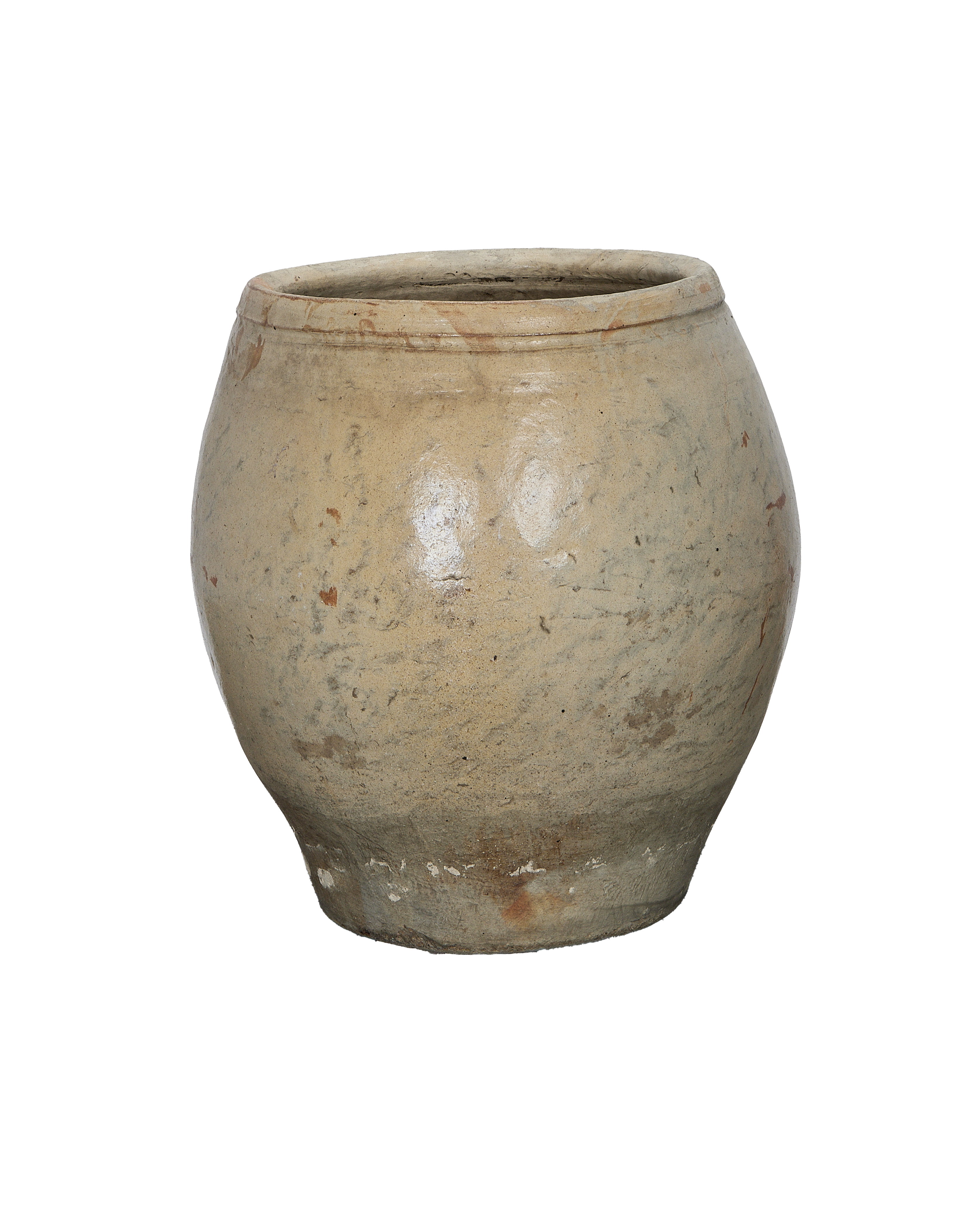 Vintage Chinese plum planter, oak-colored stoneware, showing weathered surface texture from one side.