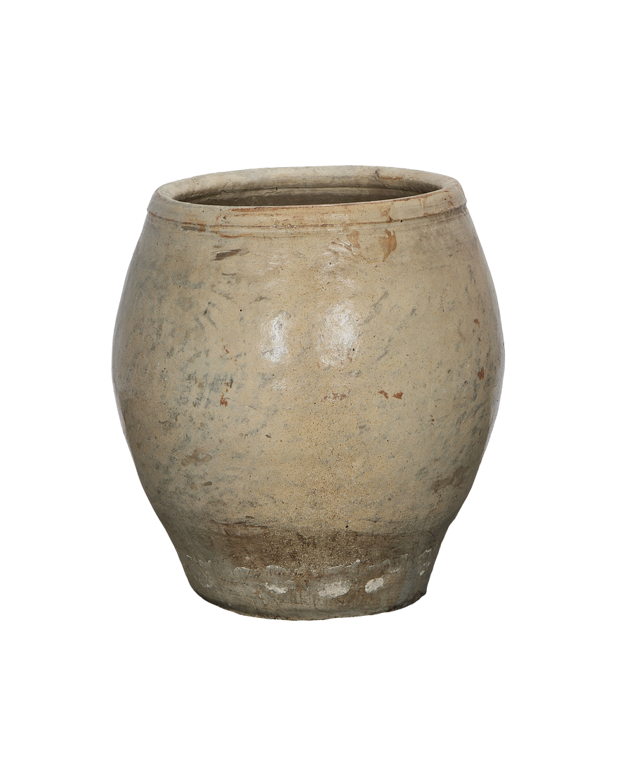 Vintage Chinese oak plum planter, showing weathered texture, rim detail, and aged appearance.