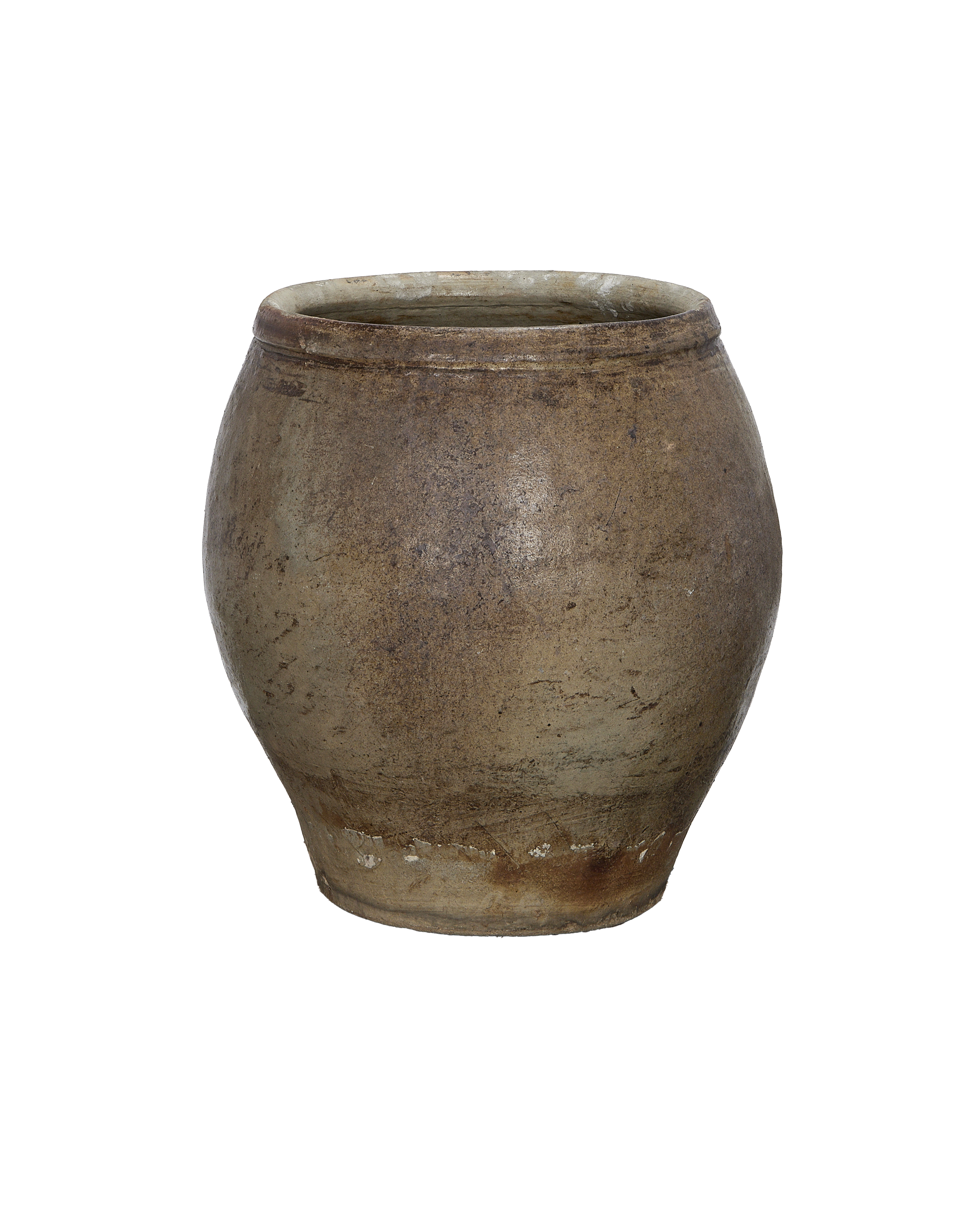 Vintage Chinese Plum Planter, textured oak-like finish, weathered condition, on black background.