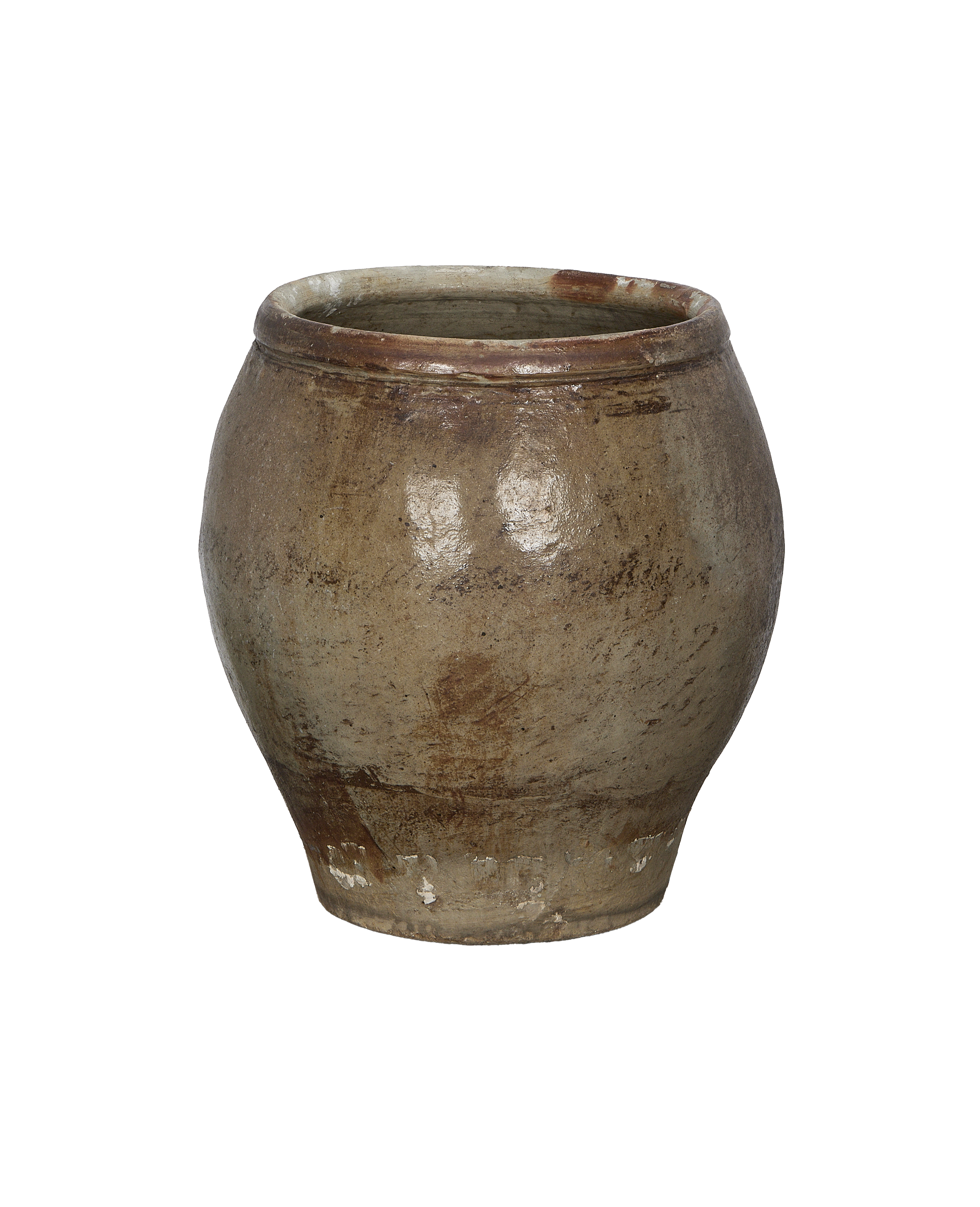 Vintage Chinese stoneware plum planter, showcasing distressed finish and rim detail.