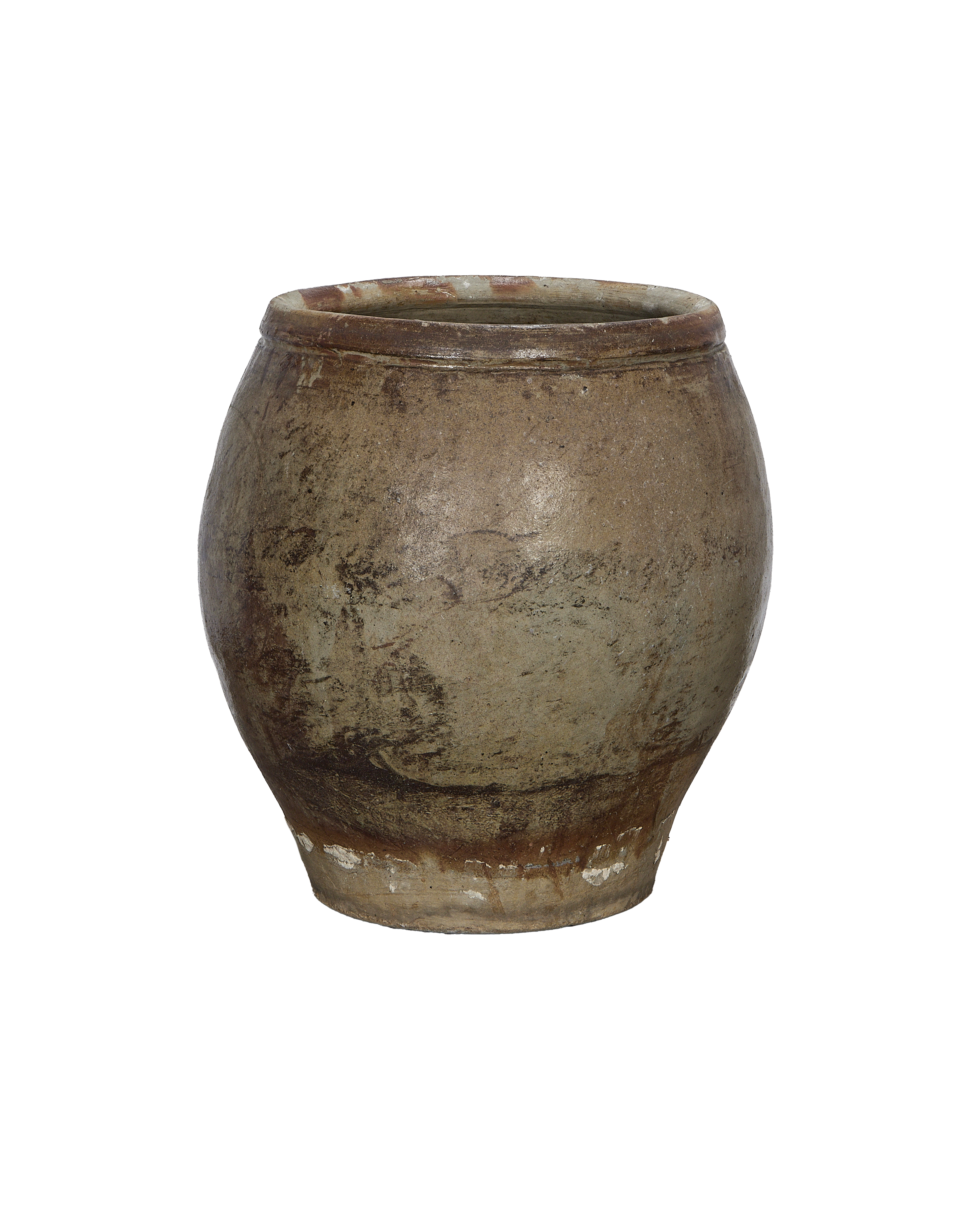 Vintage Chinese ceramic plum planter, close up showing the rustic, weathered oak finish and textured surface.