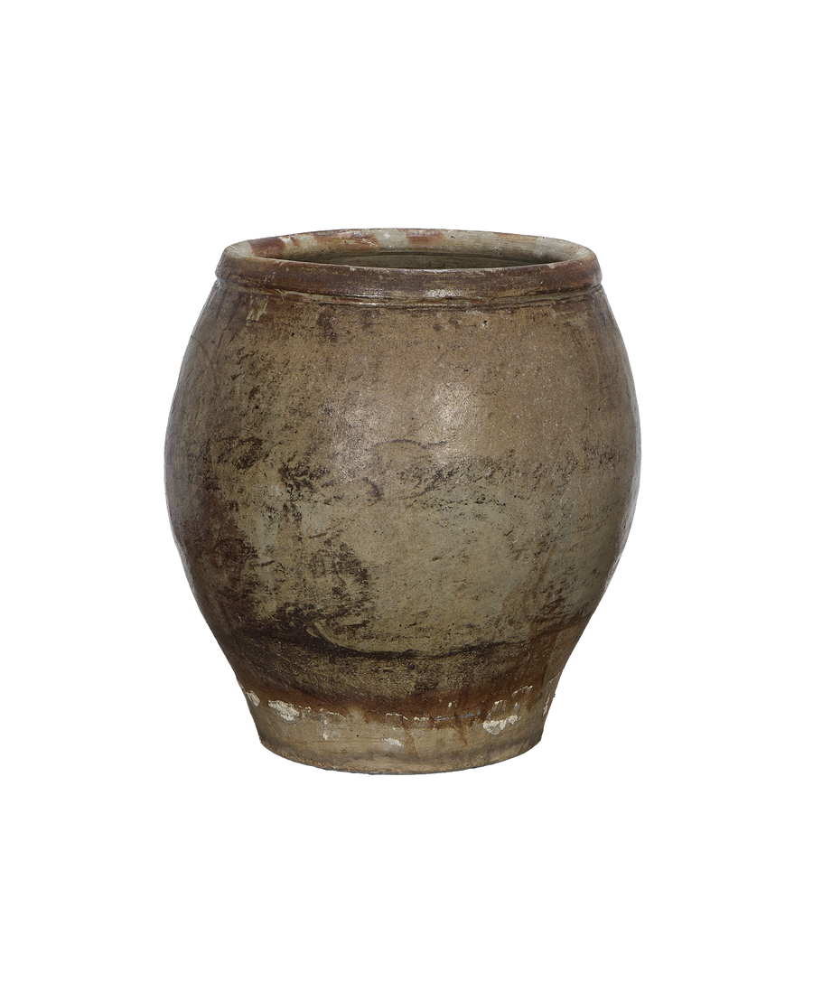 Vintage Chinese ceramic plum planter, close up showing the rustic, weathered oak finish and textured surface.
