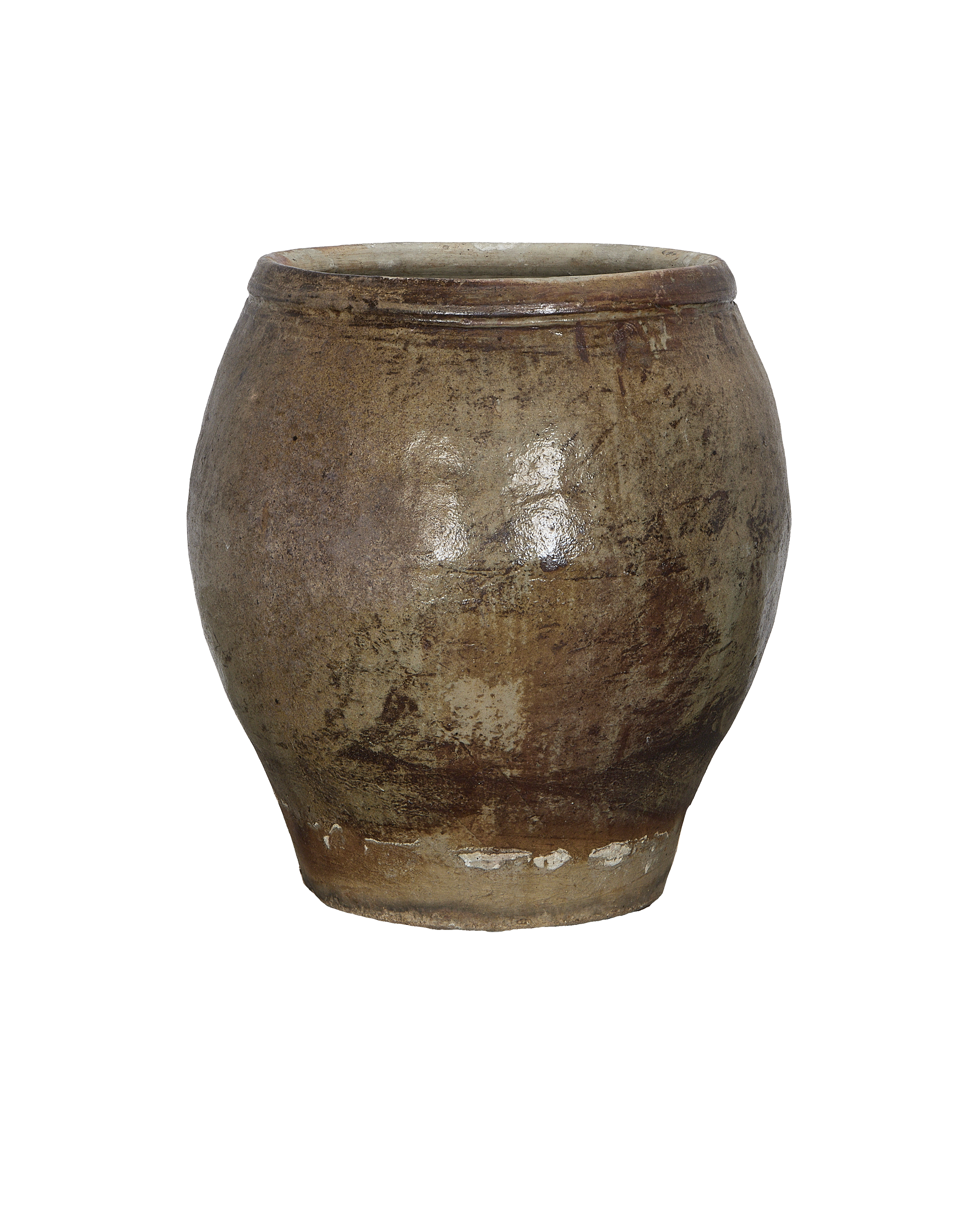 Vintage Chinese plum planter, oak-toned ceramic, showcasing aged texture and patina from a front perspective.