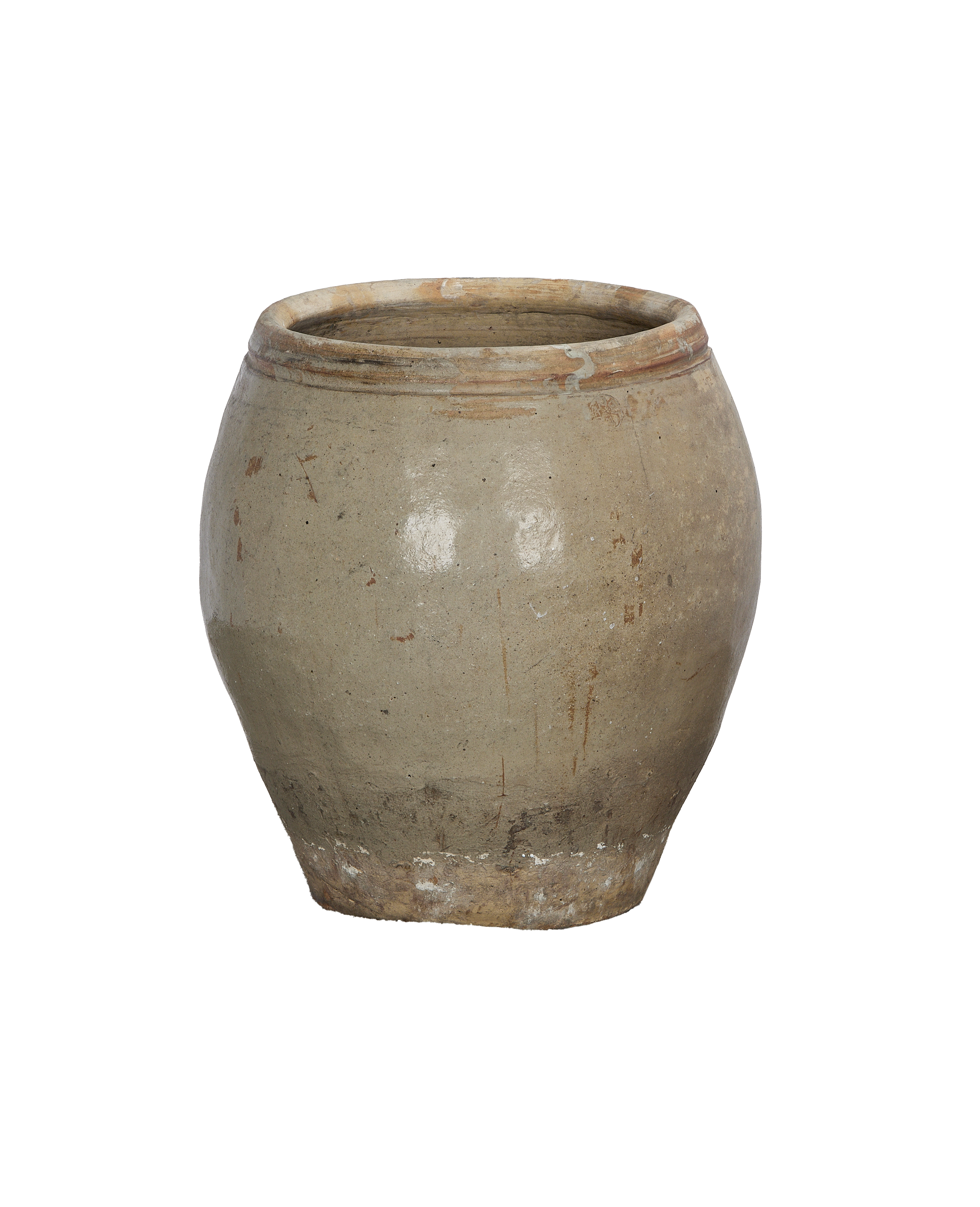 Vintage Chinese plum planter, light gray glazed ceramic, detailed straight-on view.