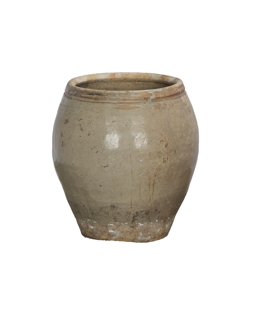 Vintage Chinese plum planter, light gray glazed ceramic, detailed straight-on view.