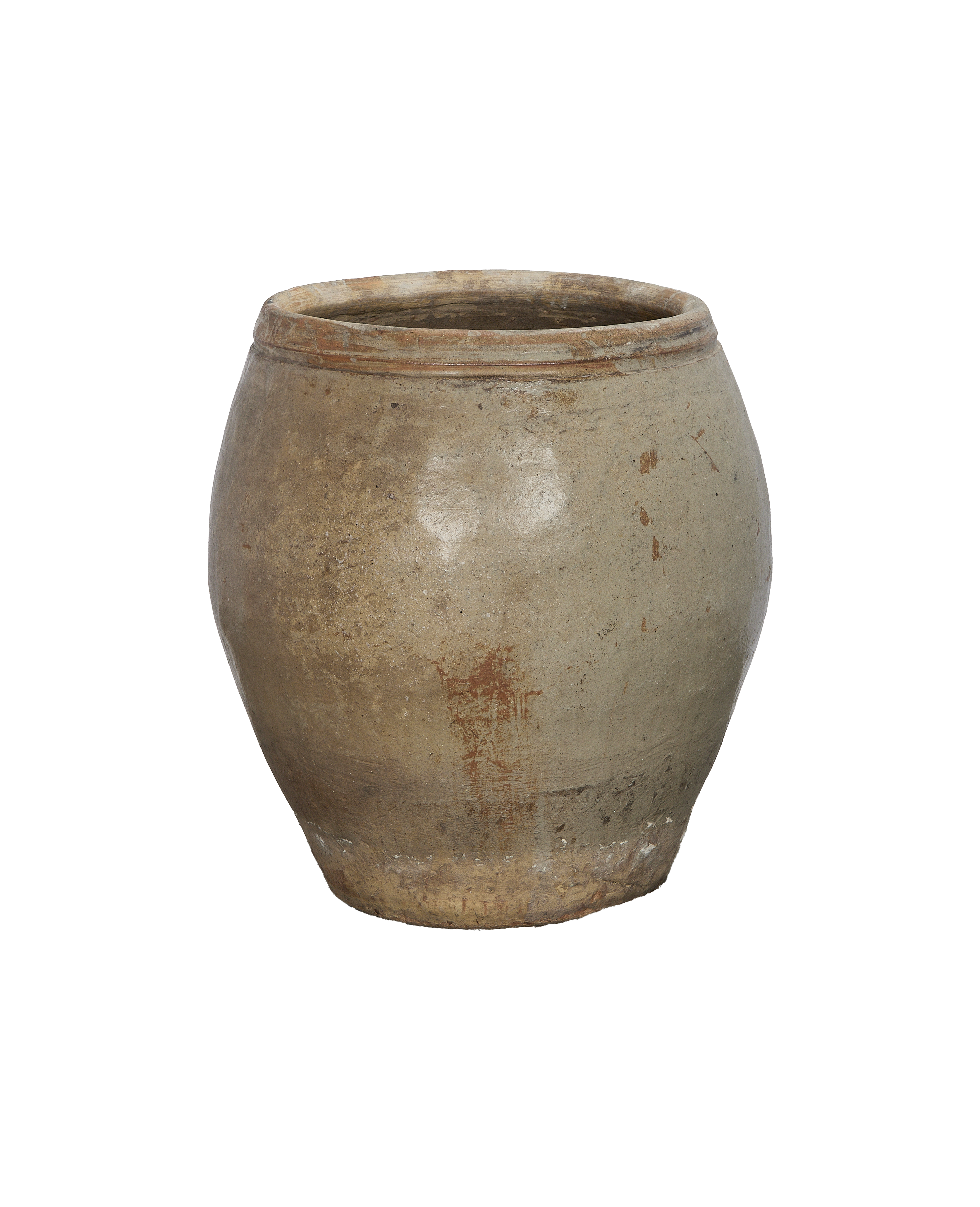 Vintage Chinese terracotta plum planter pot, distressed condition with textured surface and muted tones.