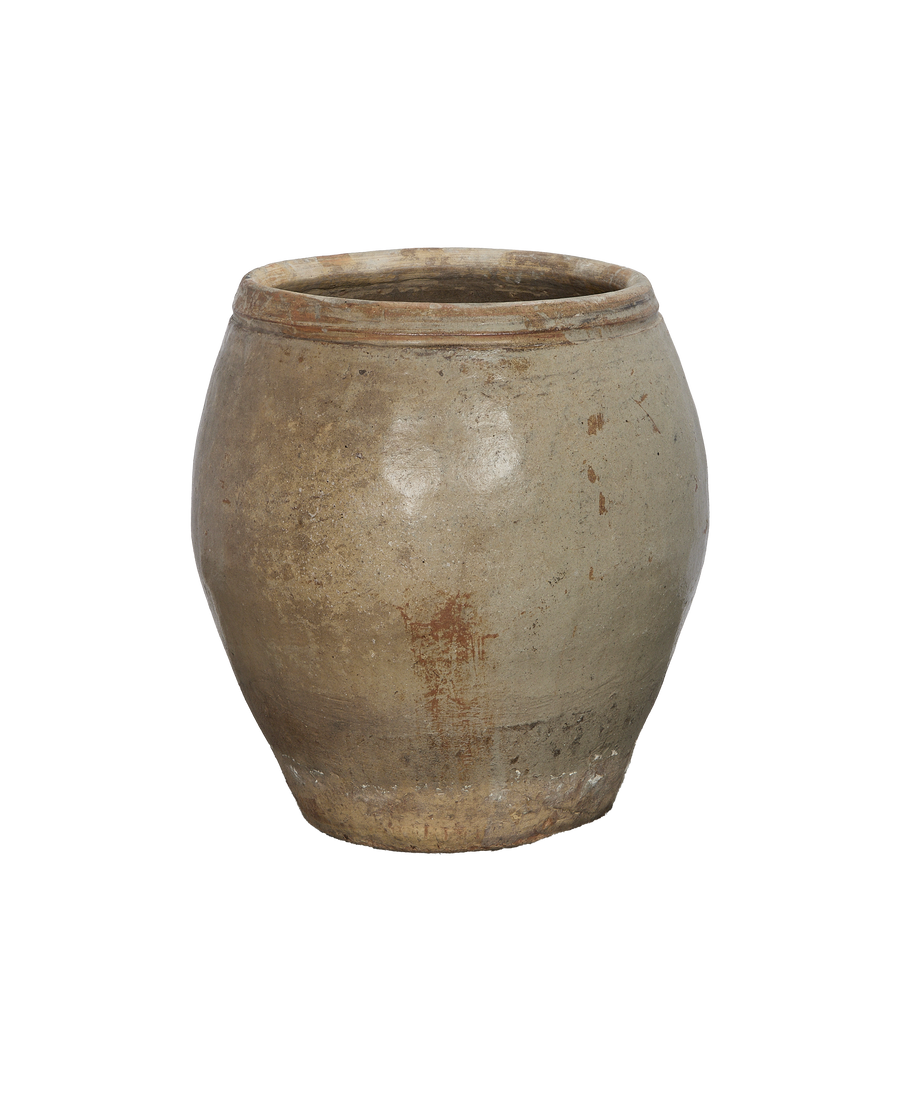 Vintage Chinese terracotta plum planter pot, distressed condition with textured surface and muted tones.