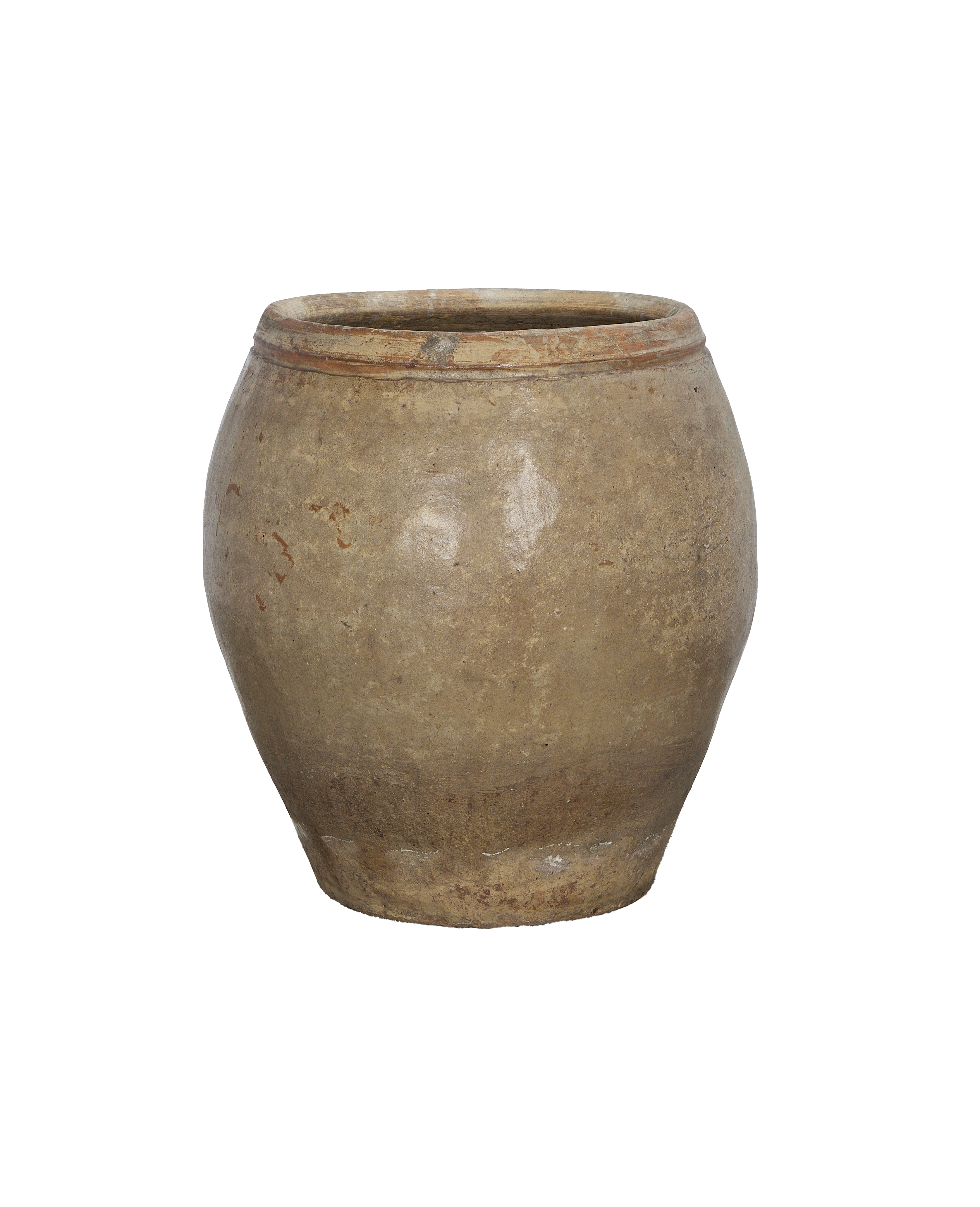 Vintage plum planter from China, showcasing its weathered, rustic oak finish and rounded form.
