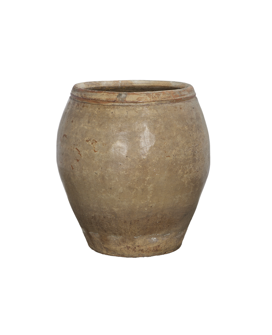 Vintage plum planter from China, showcasing its weathered, rustic oak finish and rounded form.