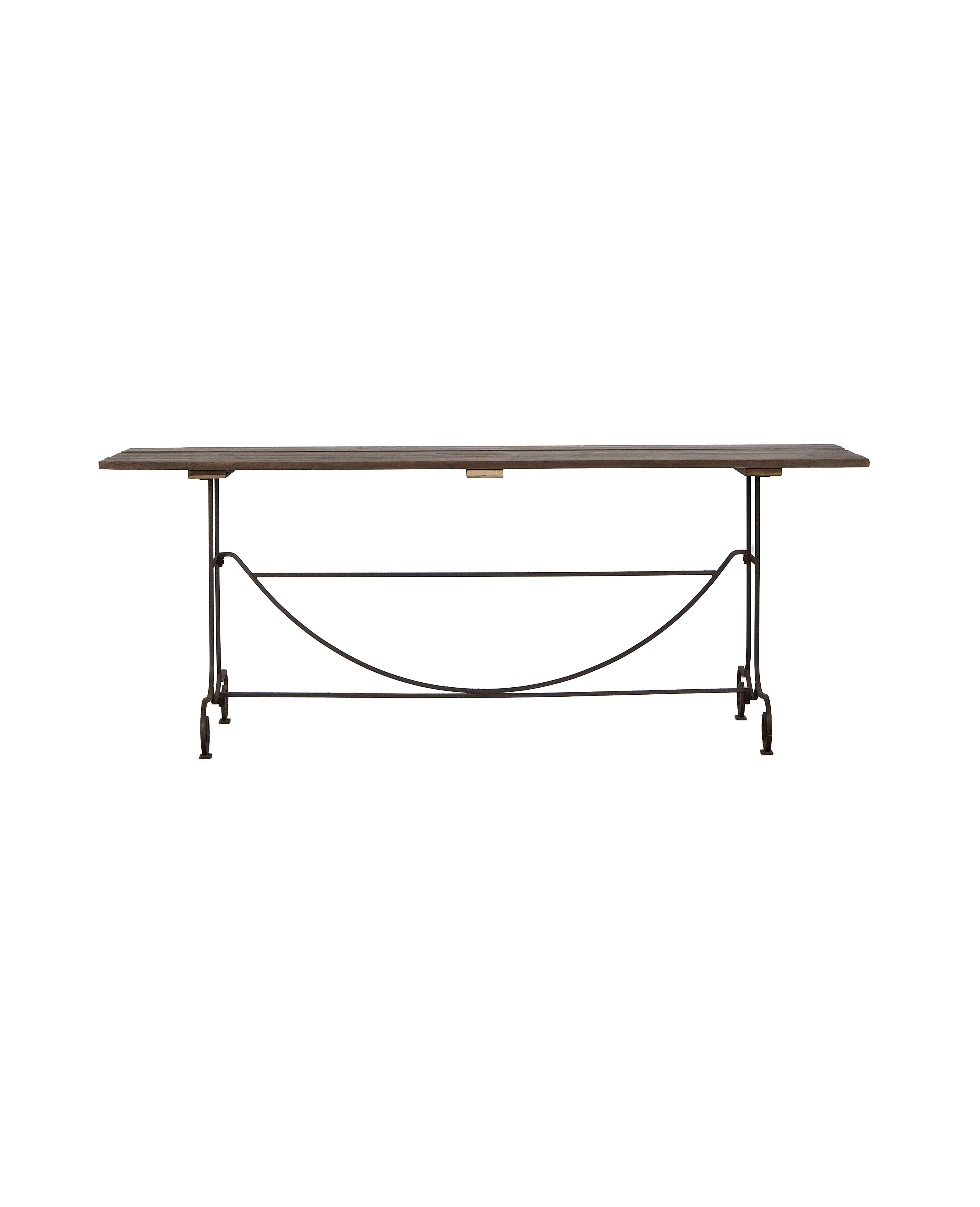 Vintage French wooden oak garden table, iron frame, side view showcasing curved wrought iron stretcher.
