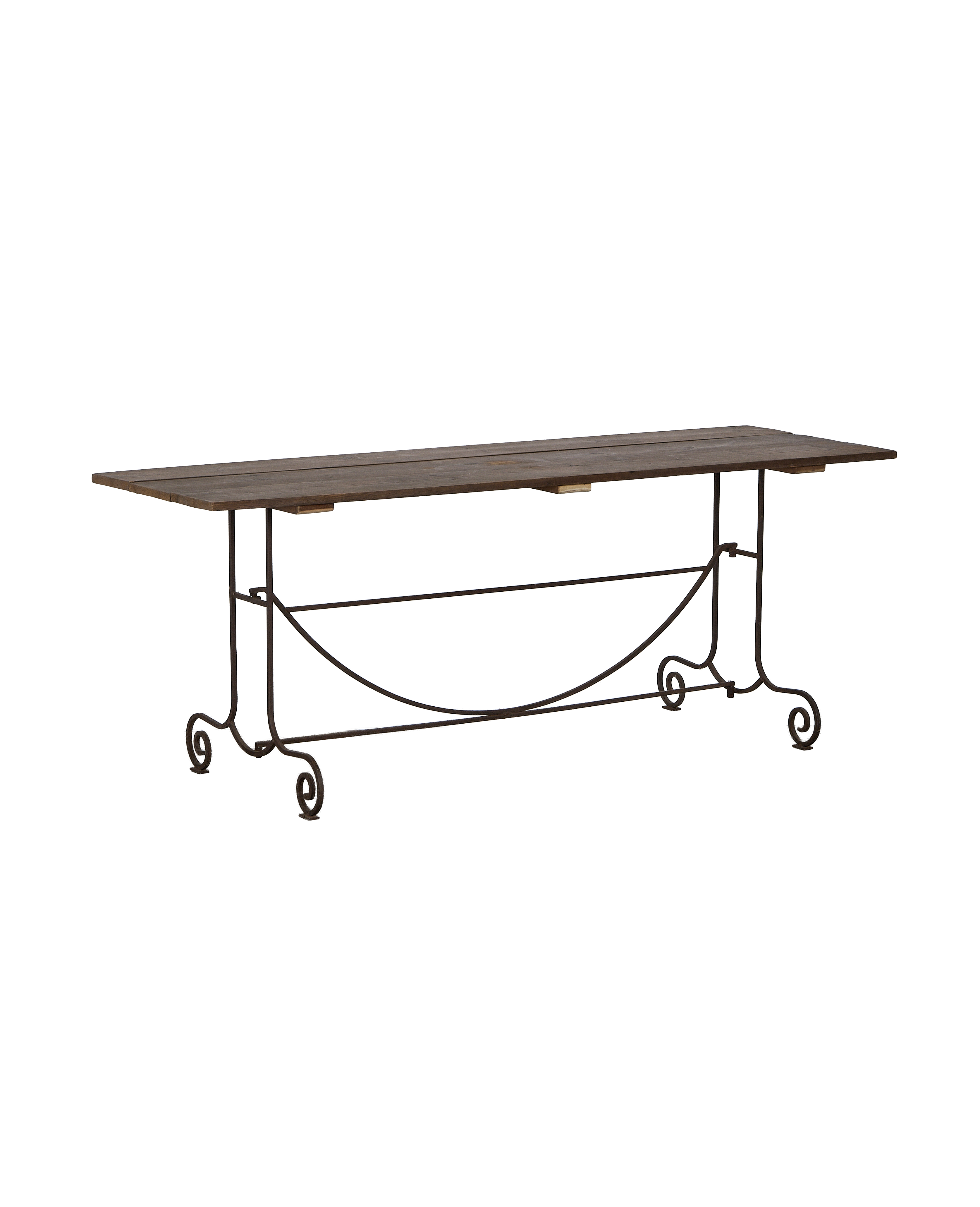 Vintage French oak wood and iron garden table, long rectangular top.