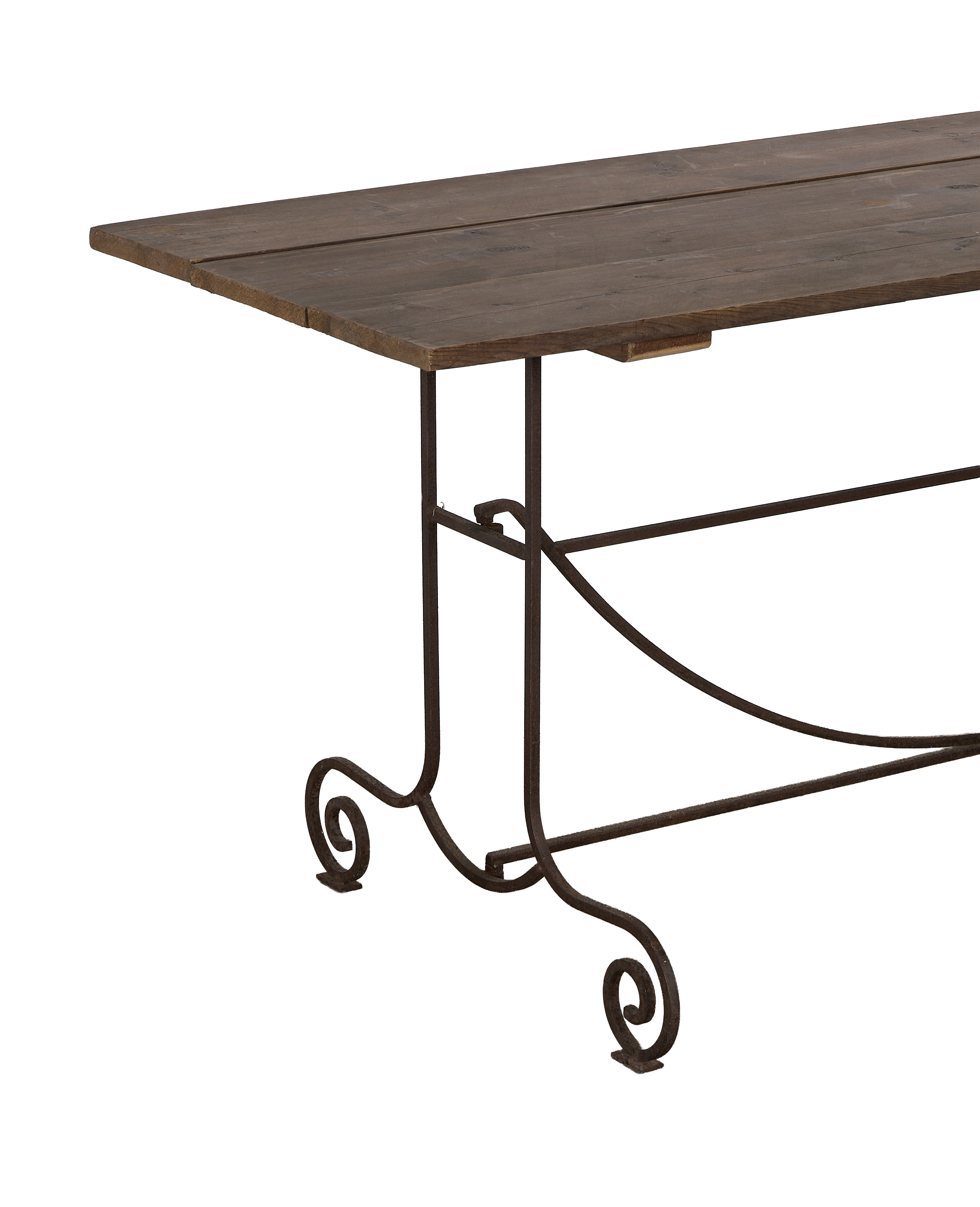 Vintage oak wood garden table with ornate metal base details and distressed finish.