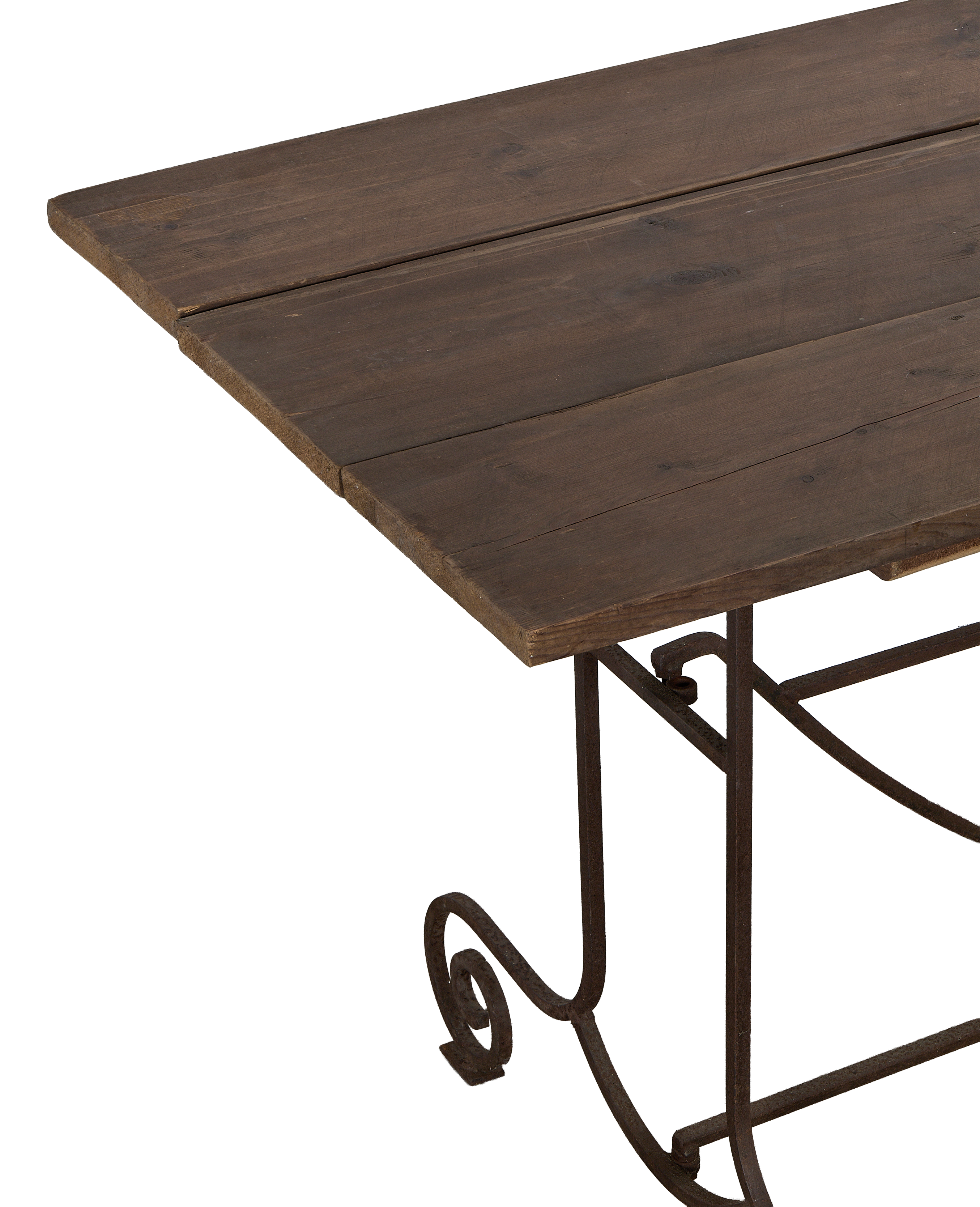 Vintage French oak garden table with weathered top and scrolled wrought iron leg detail.