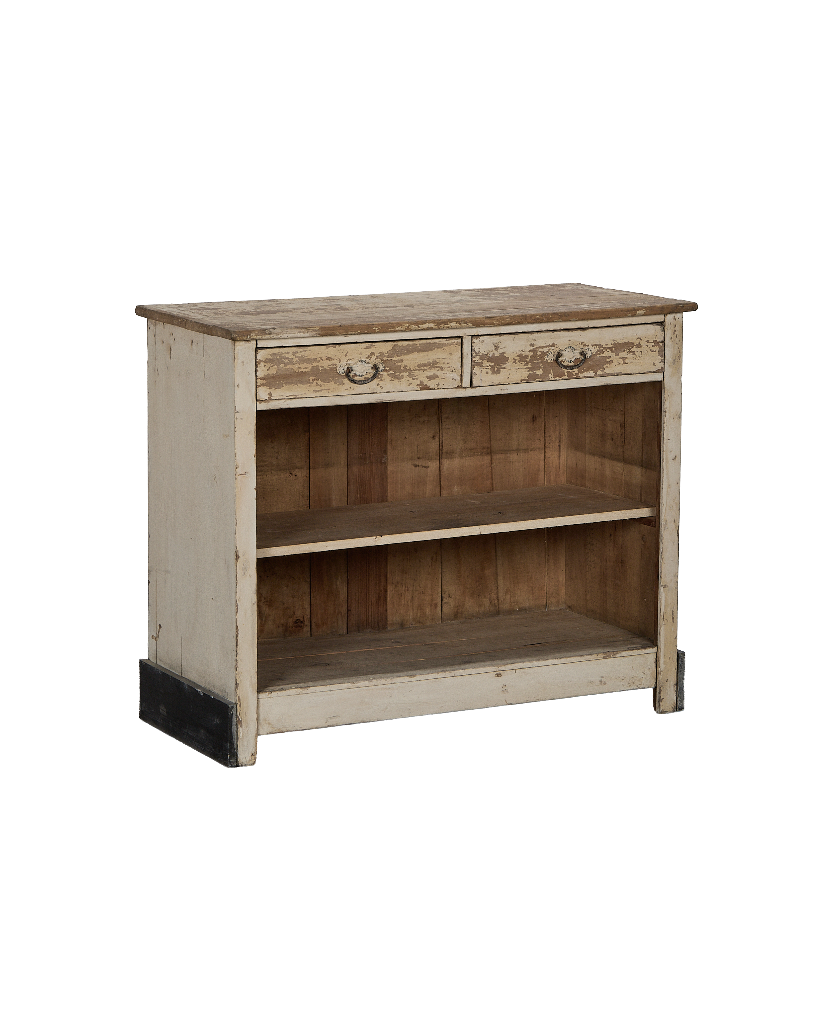 Vintage French oak console with distressed white paint, two drawers, and open shelving.