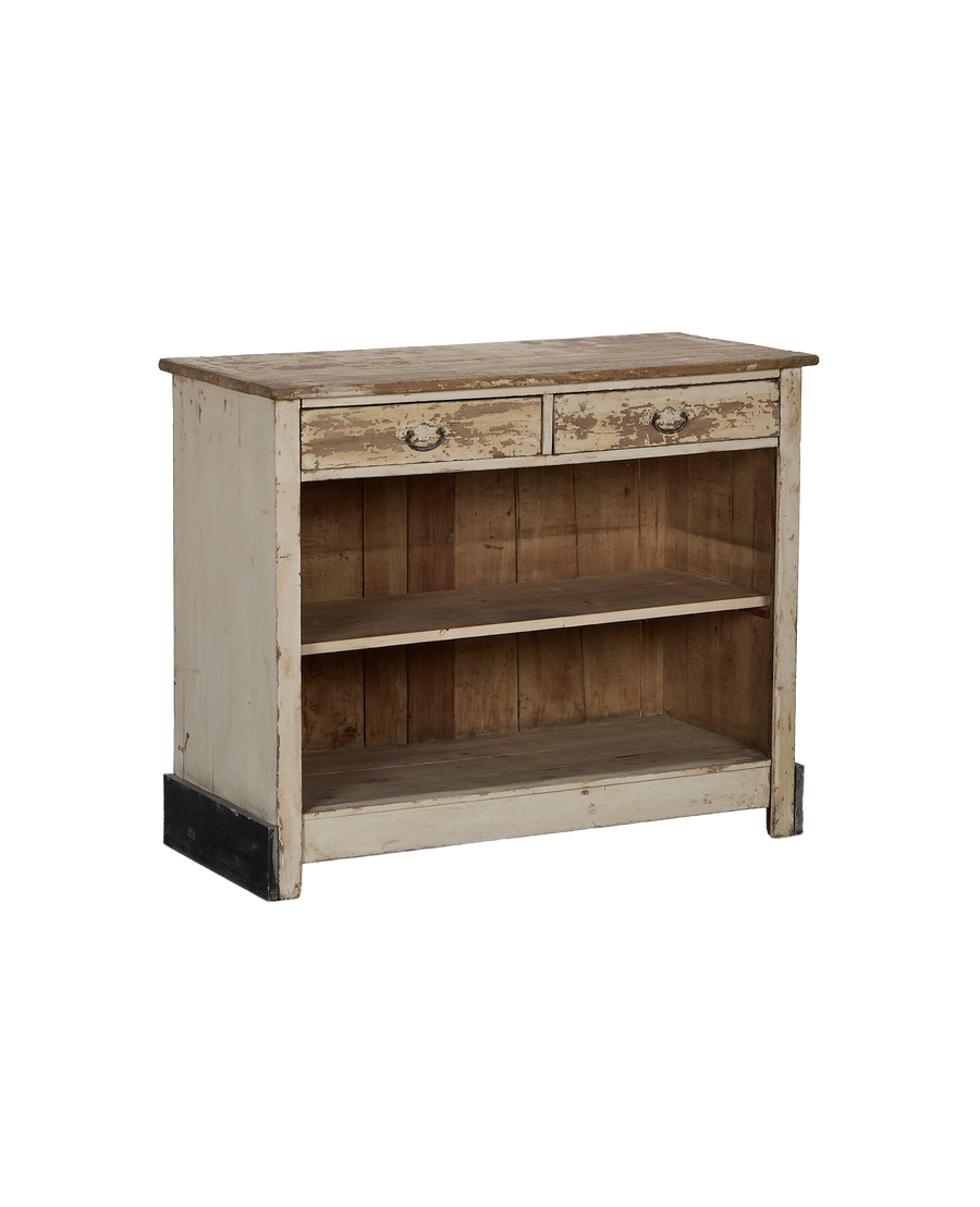 Vintage French oak console with distressed white paint, two drawers, and open shelving.