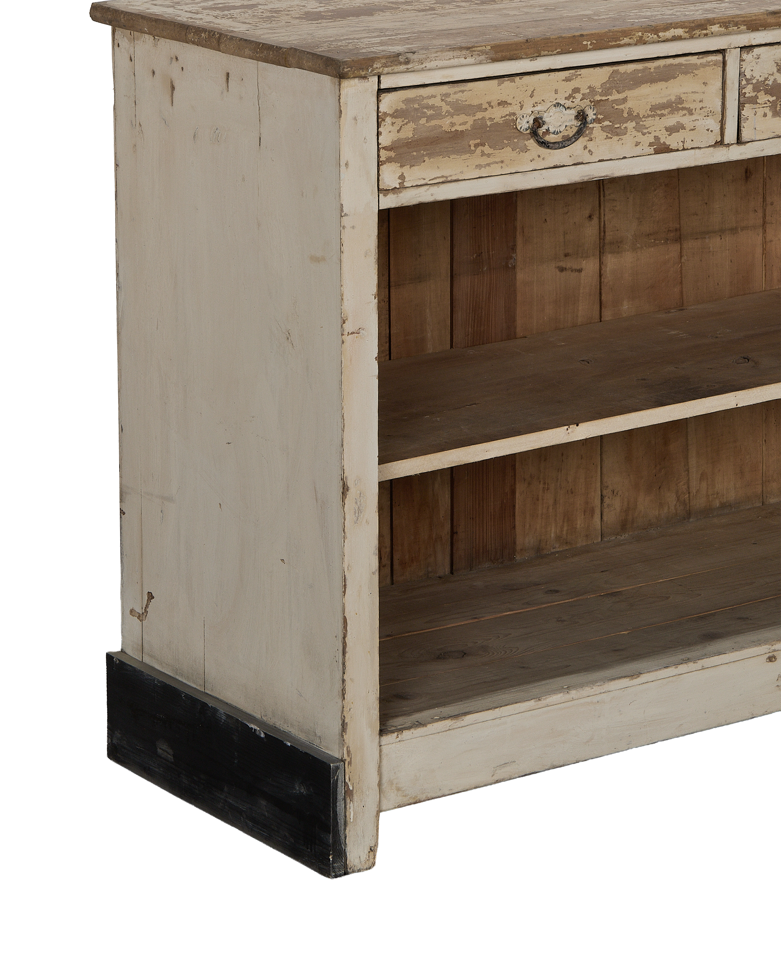 Vintage French oak cabinet with distressed white paint, showing drawer detail and empty shelves.