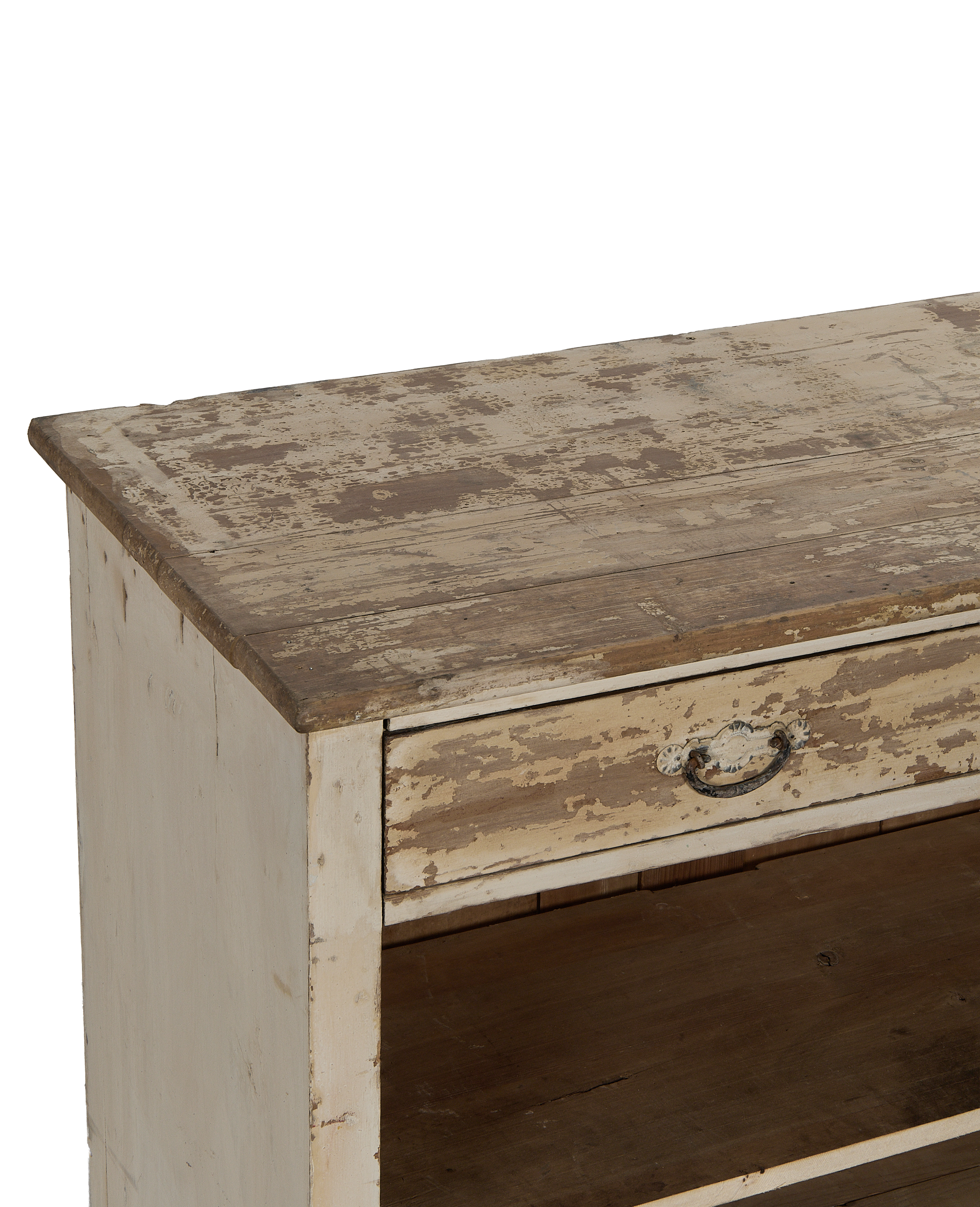 Vintage French painted oak cabinet, showing distressed white paint, single drawer with decorative pull.