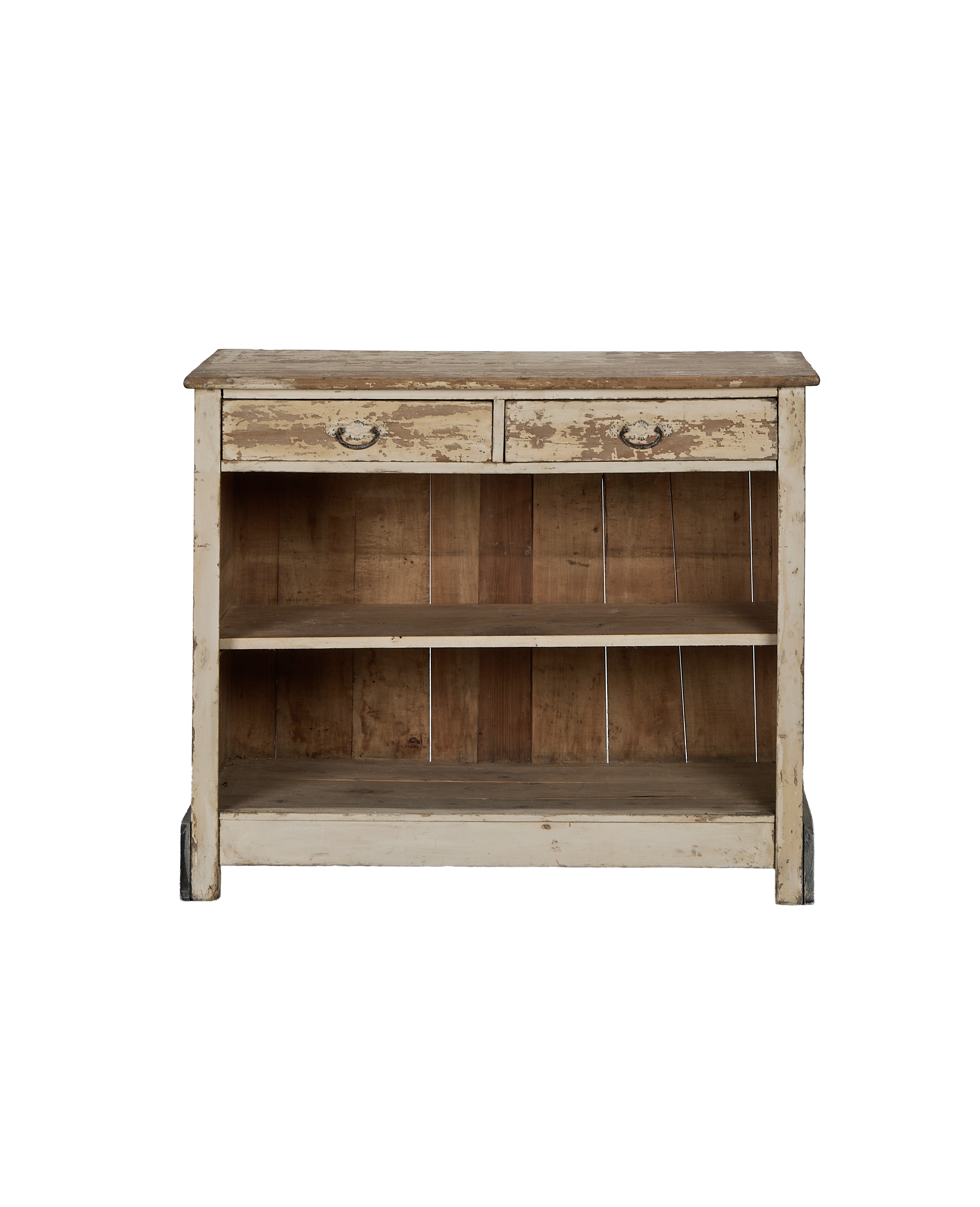 Vintage French oak display cabinet with distressed white paint, two drawers, and two shelves.