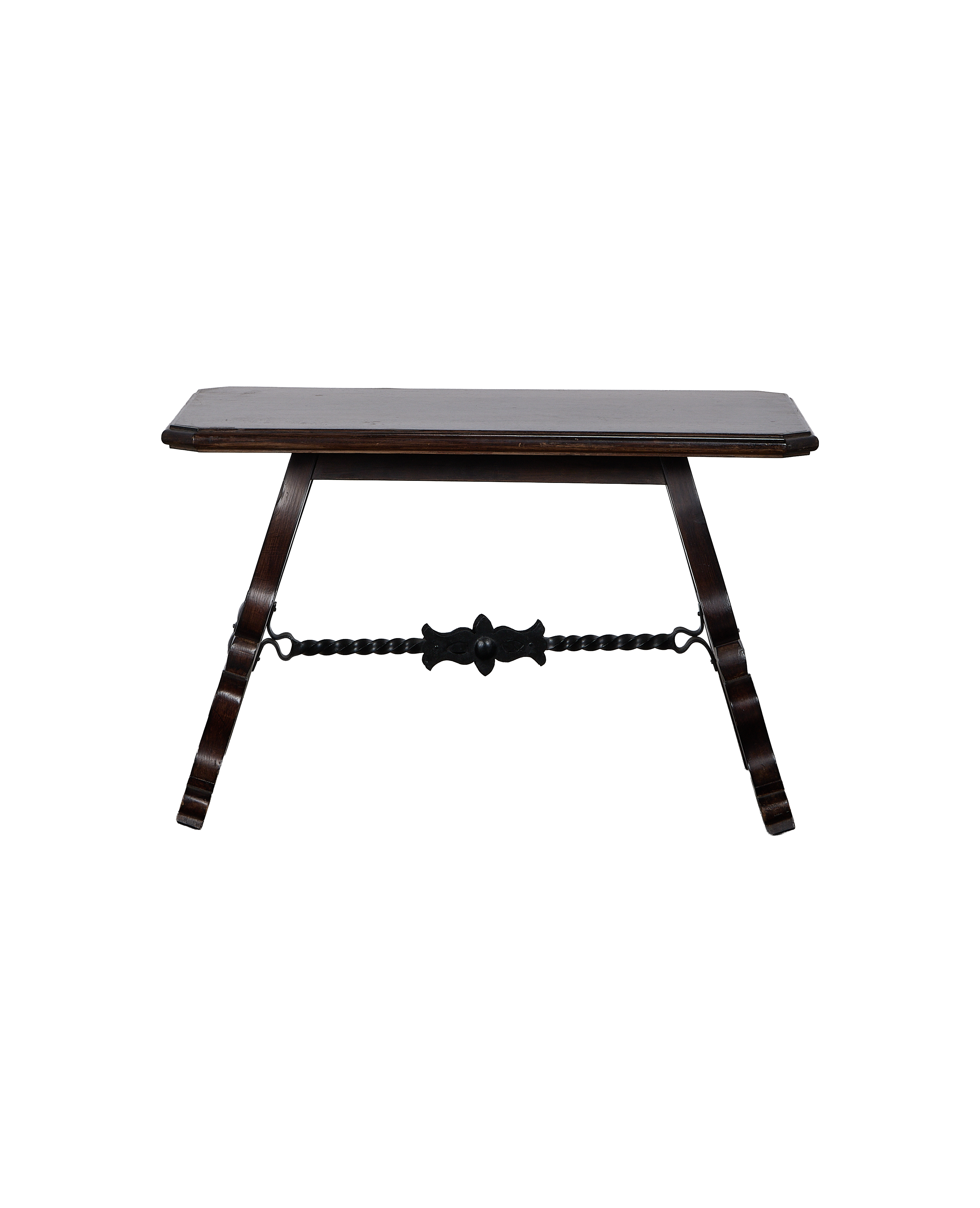 Vintage French oak side table, side view revealing decorative wrought iron stretcher, aged condition.