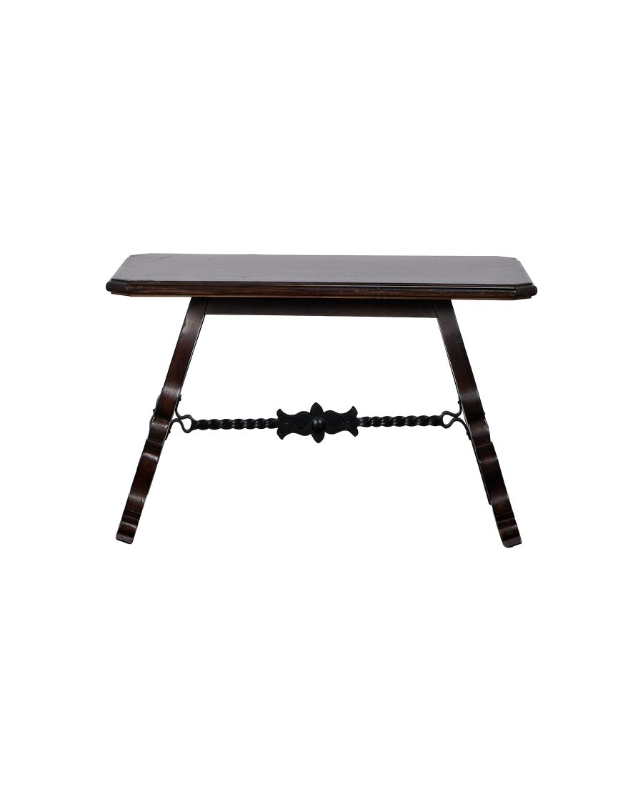 Vintage French oak side table, side view revealing decorative wrought iron stretcher, aged condition.
