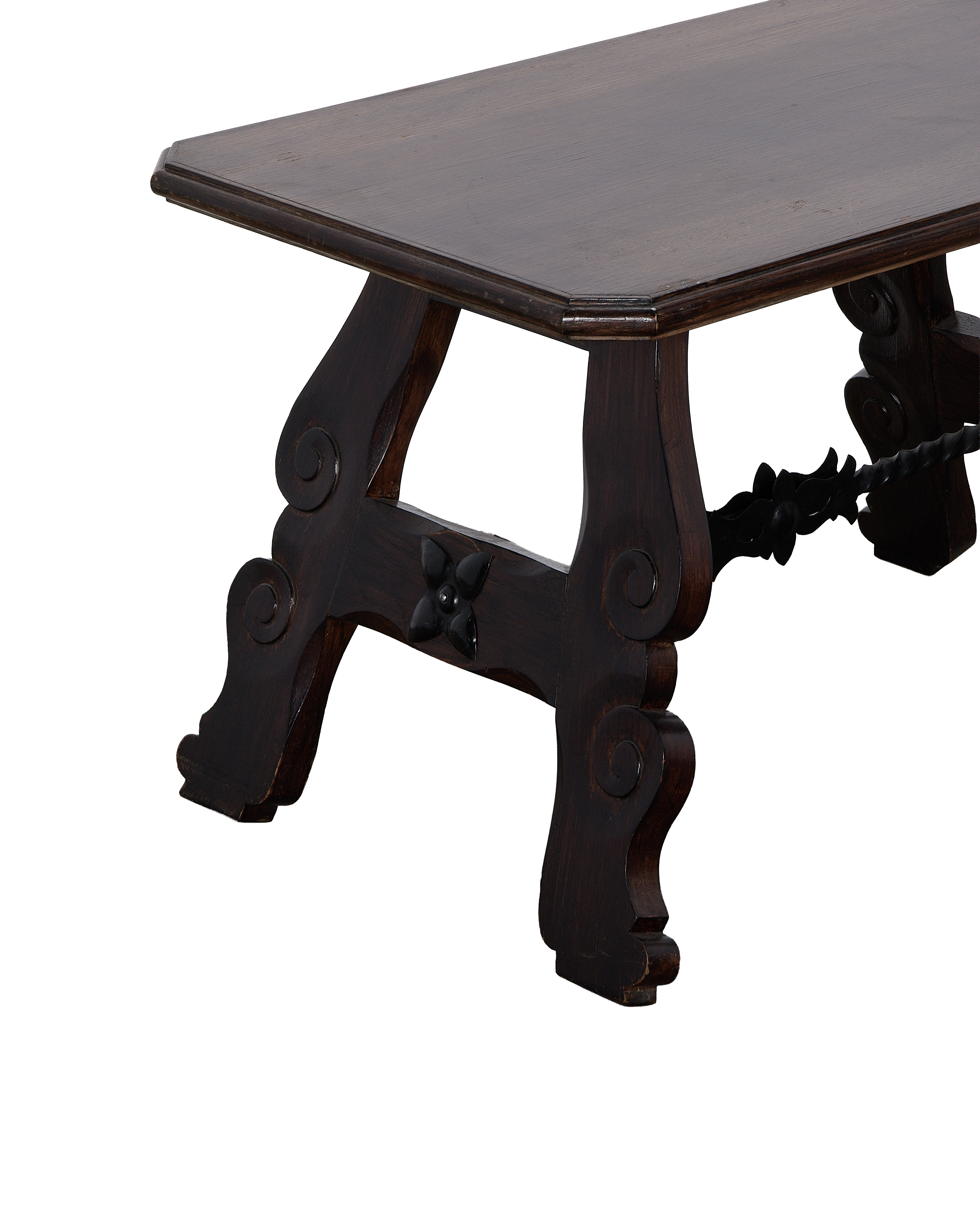 Vintage French oak side table, demonstrating carved leg details and connecting wrought iron support.