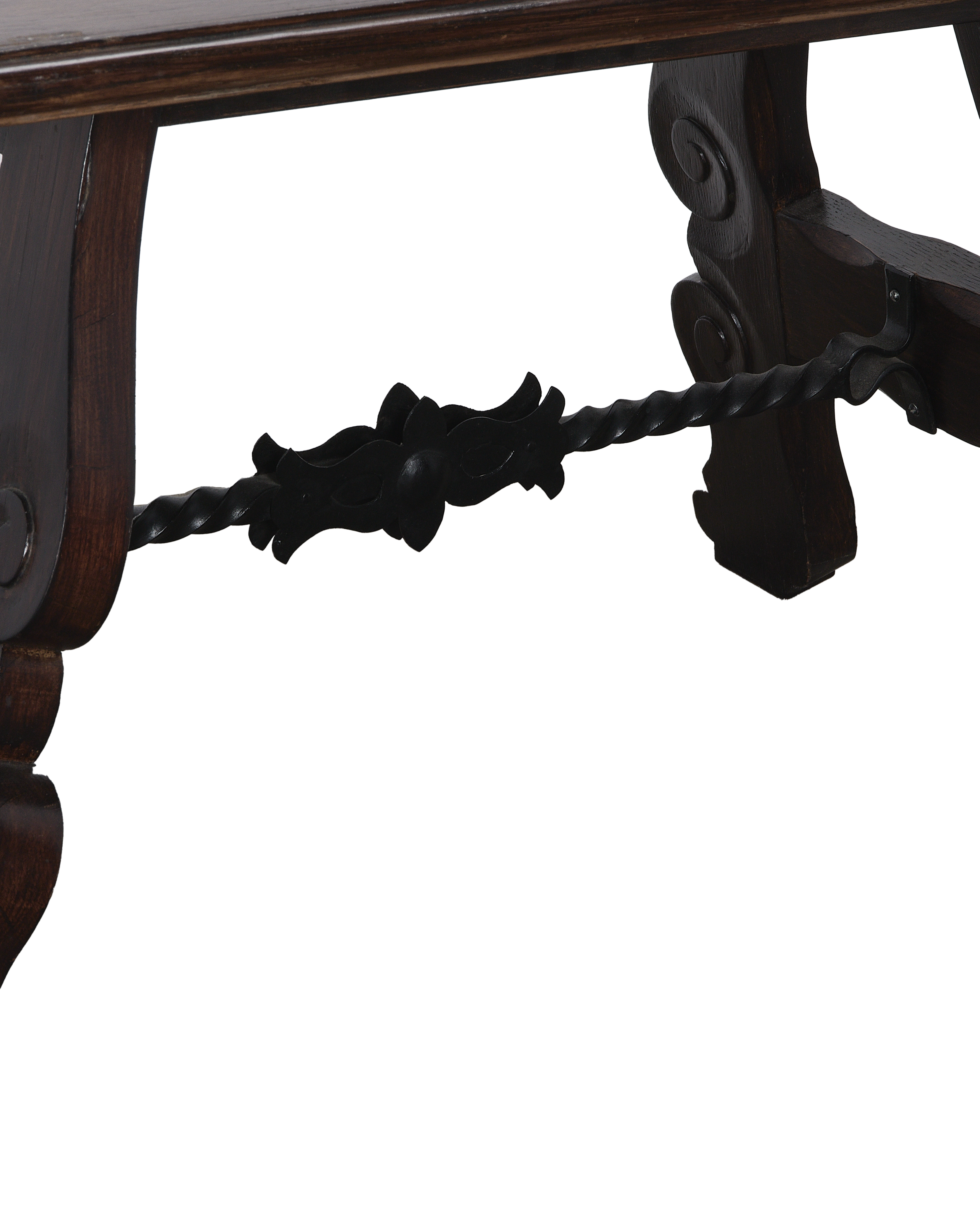 Vintage French oak side table showing close-up of decorative twisted iron stretcher.